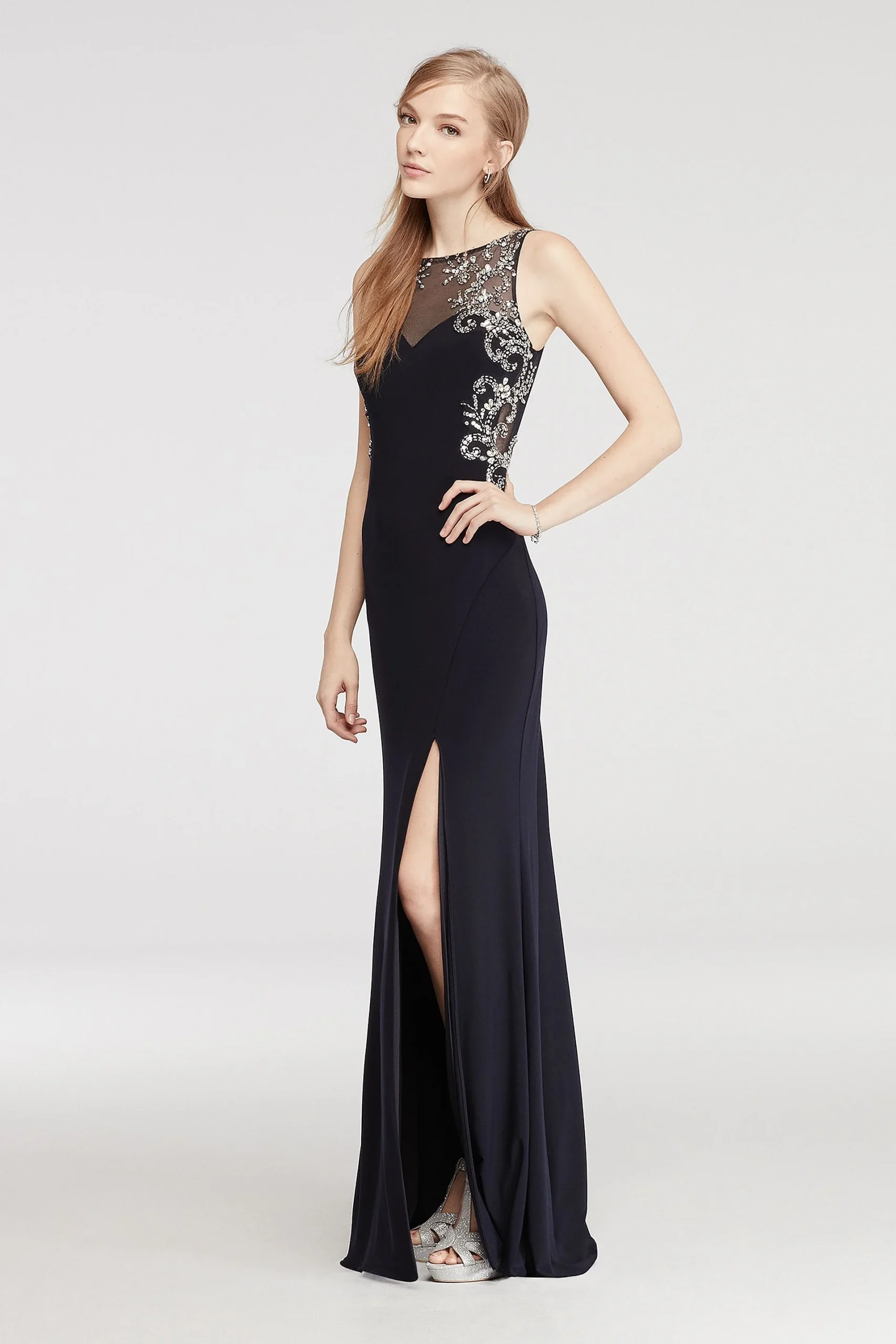 Long Jersey Prom Dress with Illusion Neck and Back