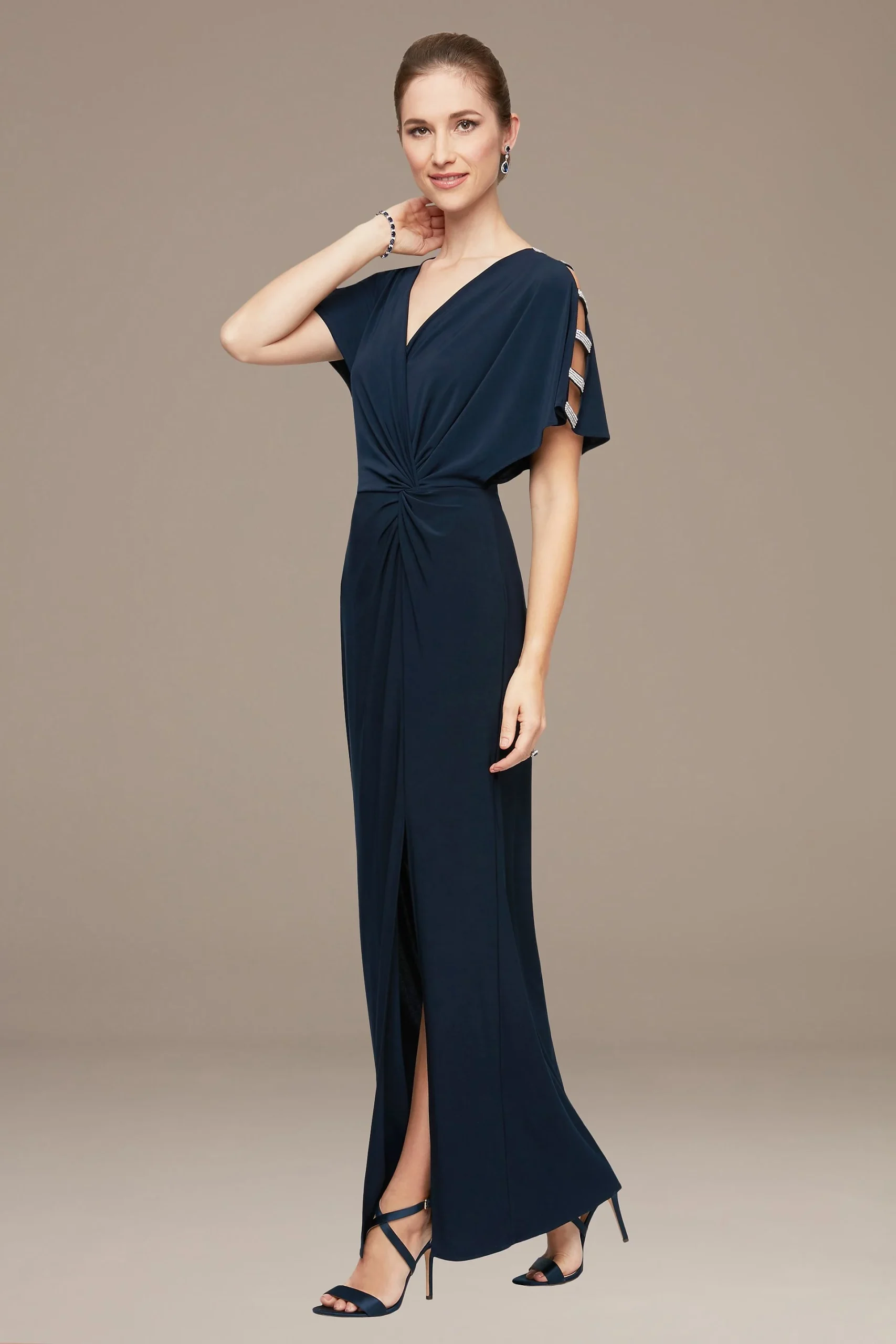 Long Knot Front Jersey Dress with Sleeve Cutouts