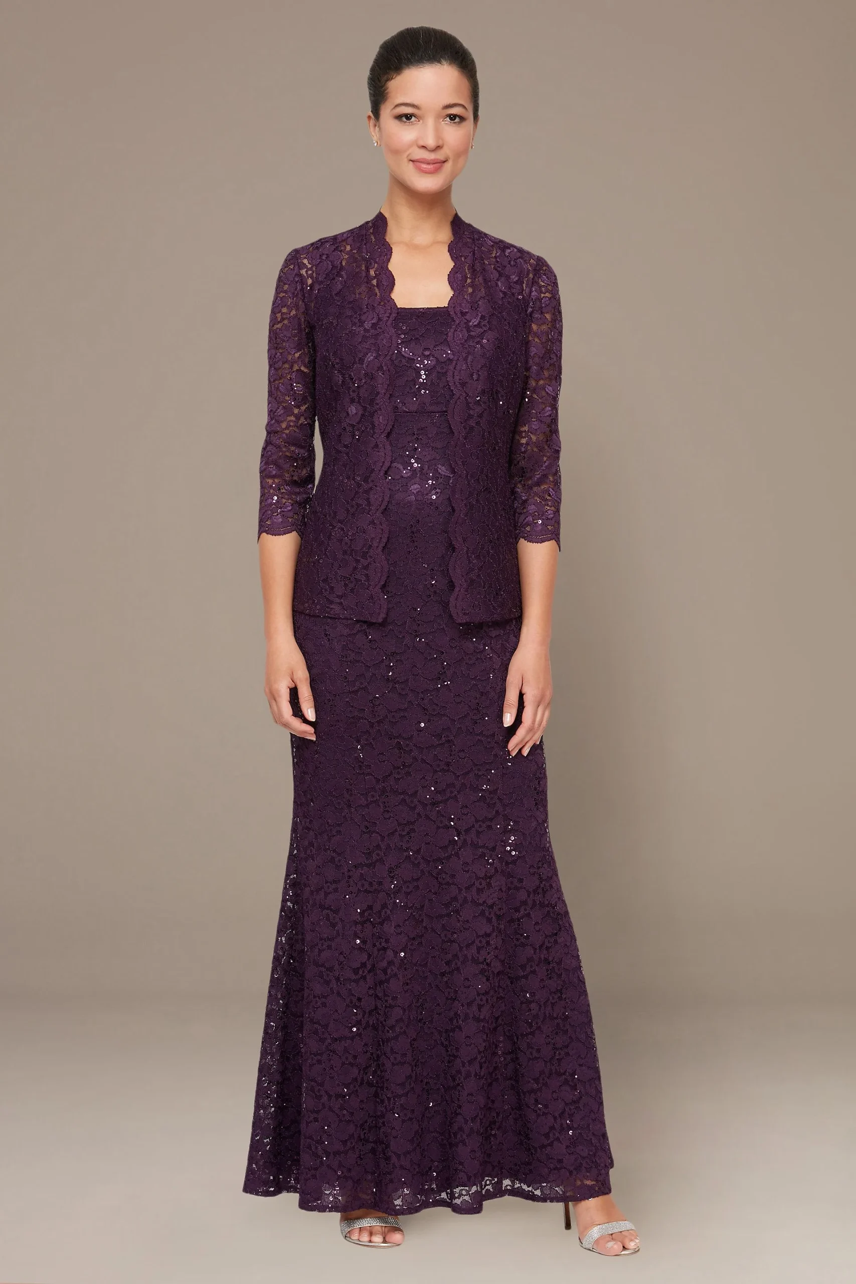 Long Lace Fit and Flare Scallop Jacket Dress