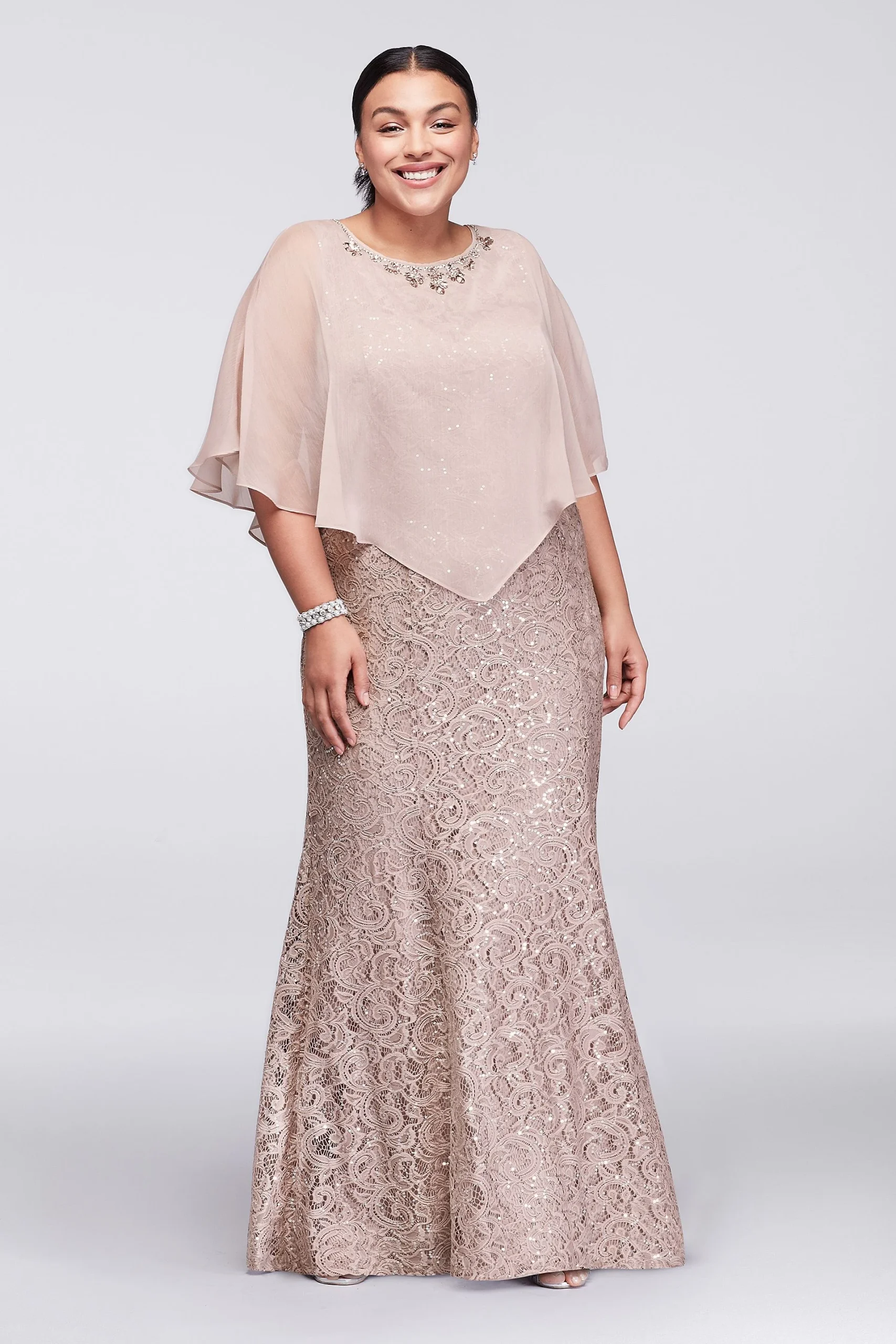 Long Lace Plus Size Dress Beaded Capelet