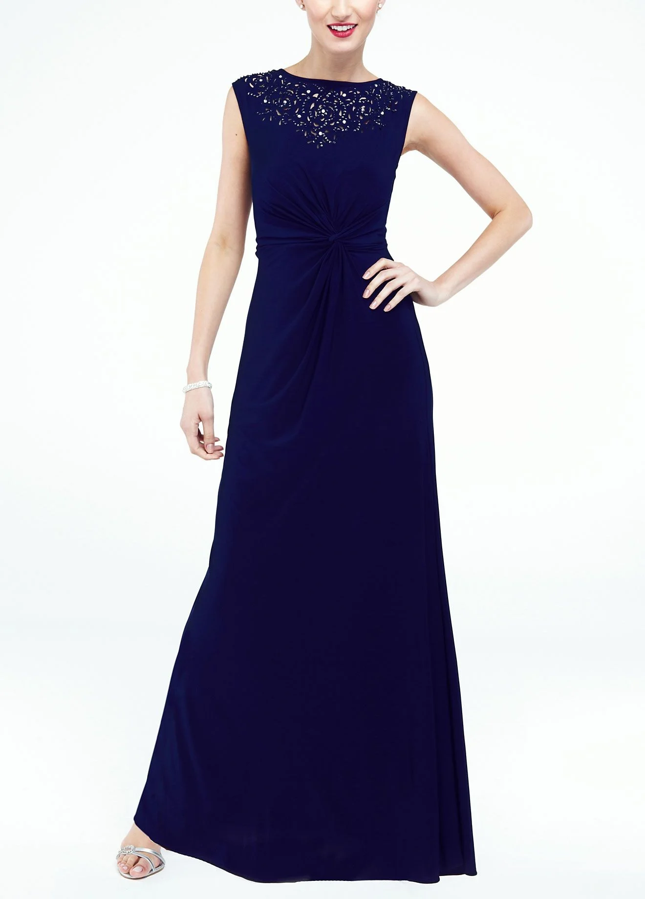 Long Laser Cut Jersey Dress with Cap Sleeves