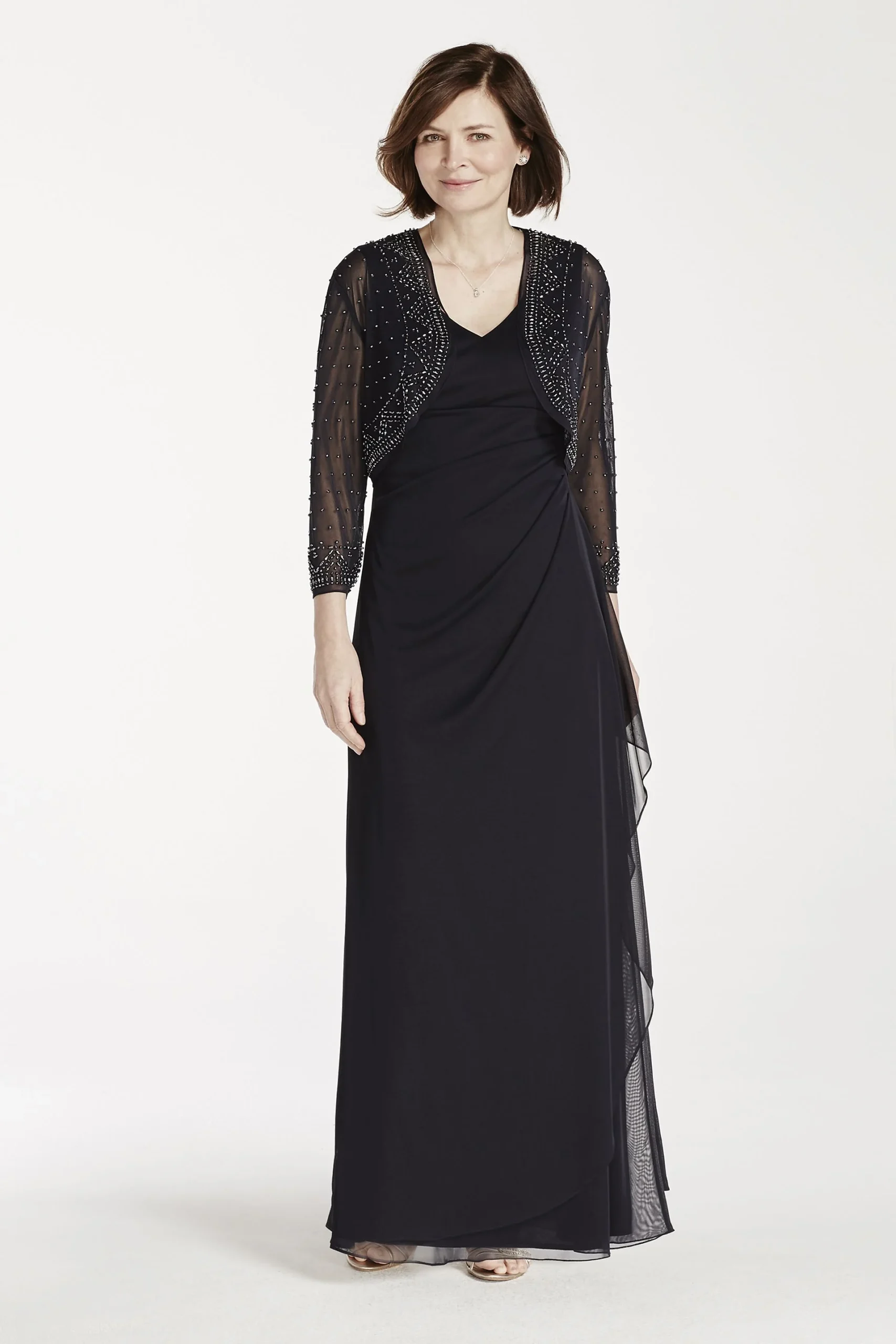 Long Mesh Dress with 3/4 Sleeve Beaded Jacket