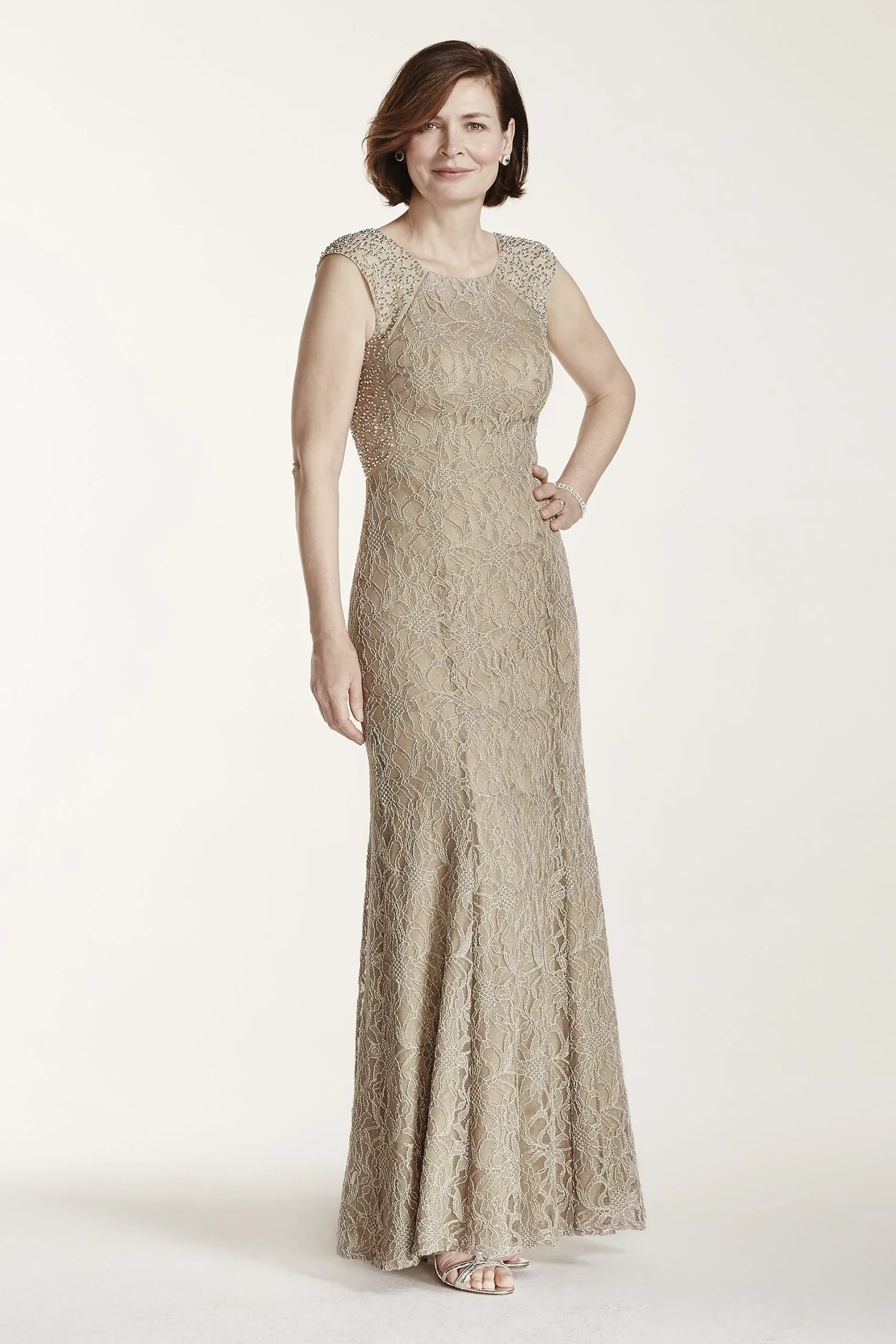Long Metallic Lace Dress with Beaded Back