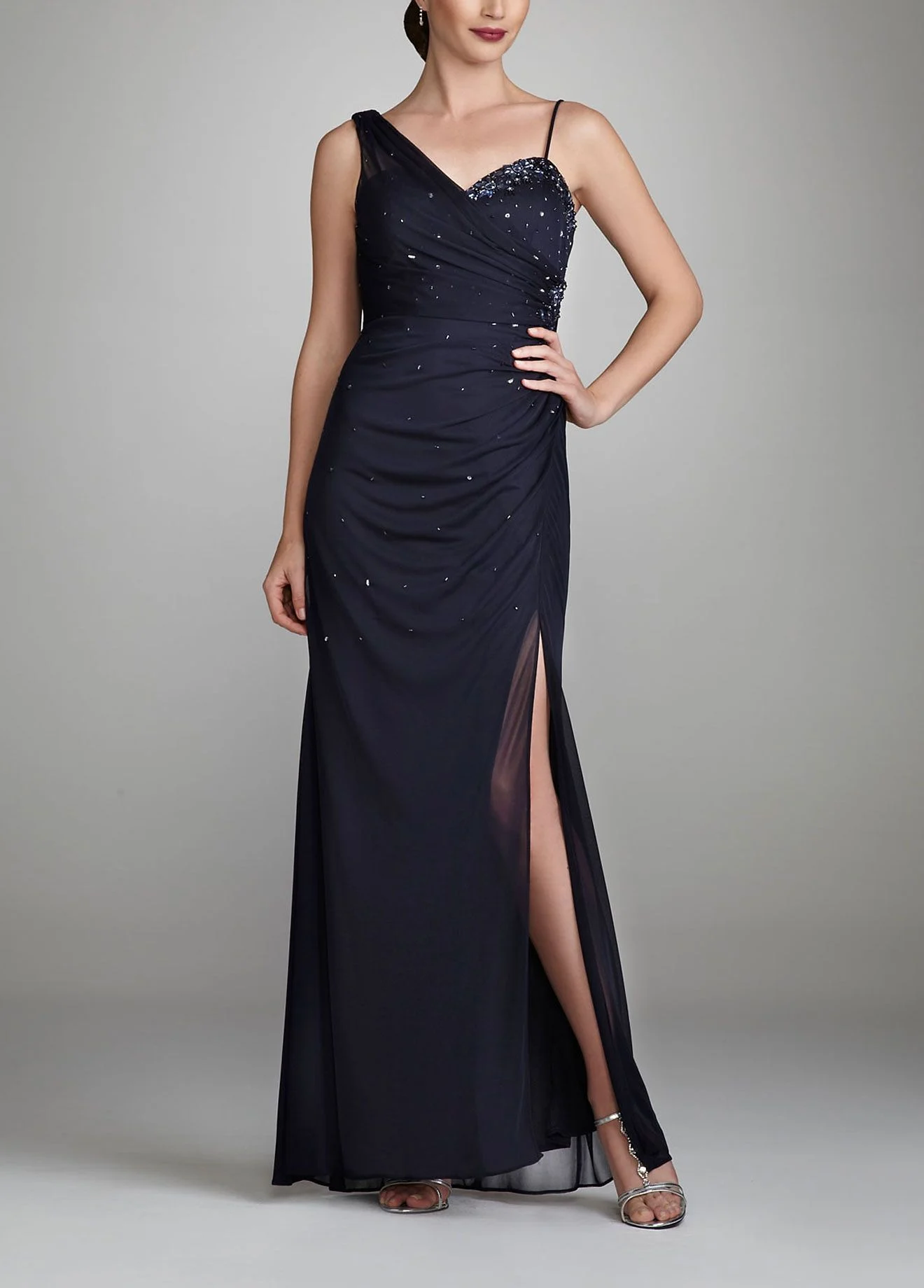 Long One Shoulder Beaded Jersey Dress
