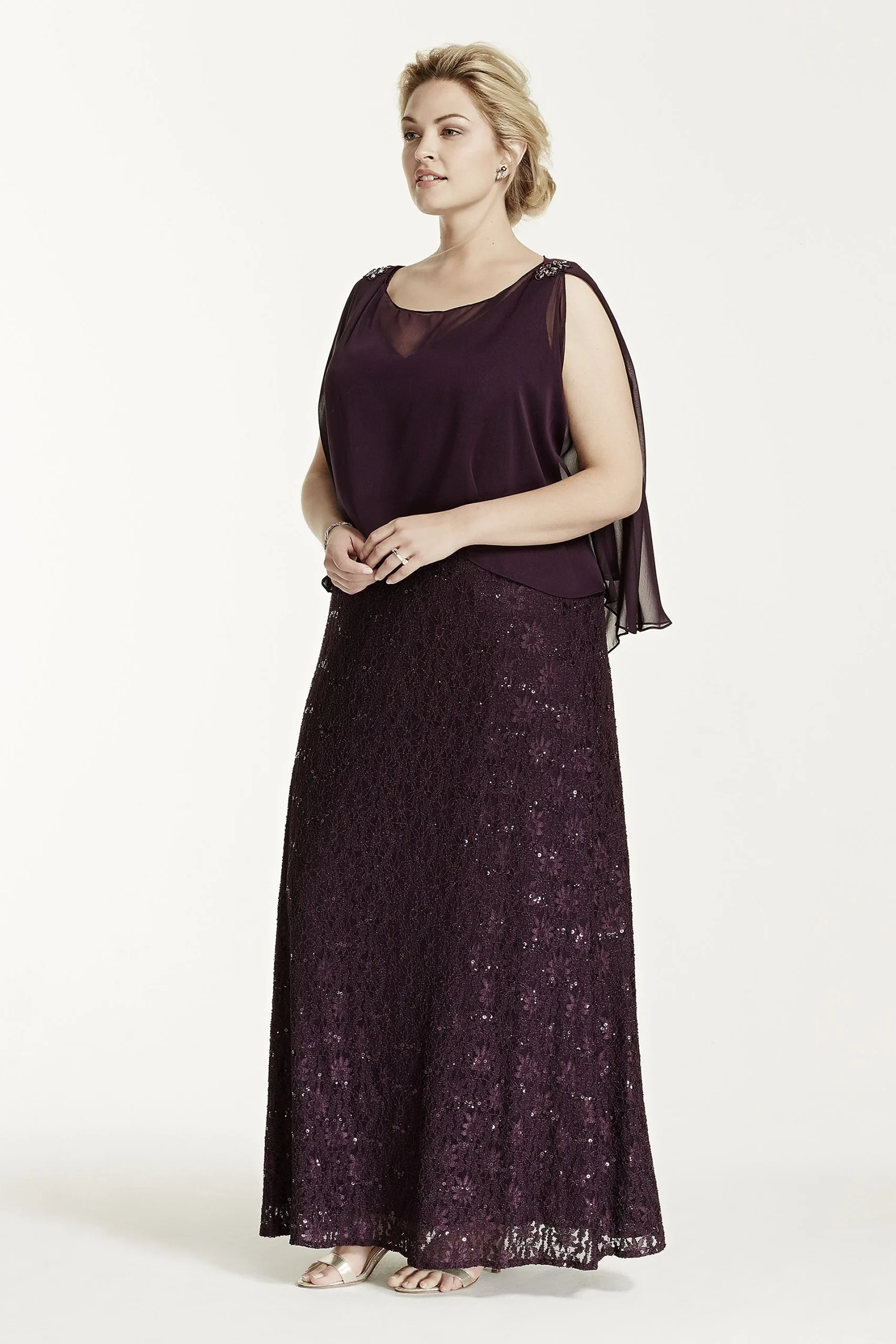 Long Sequin Lace dress with Chiffon Caplet