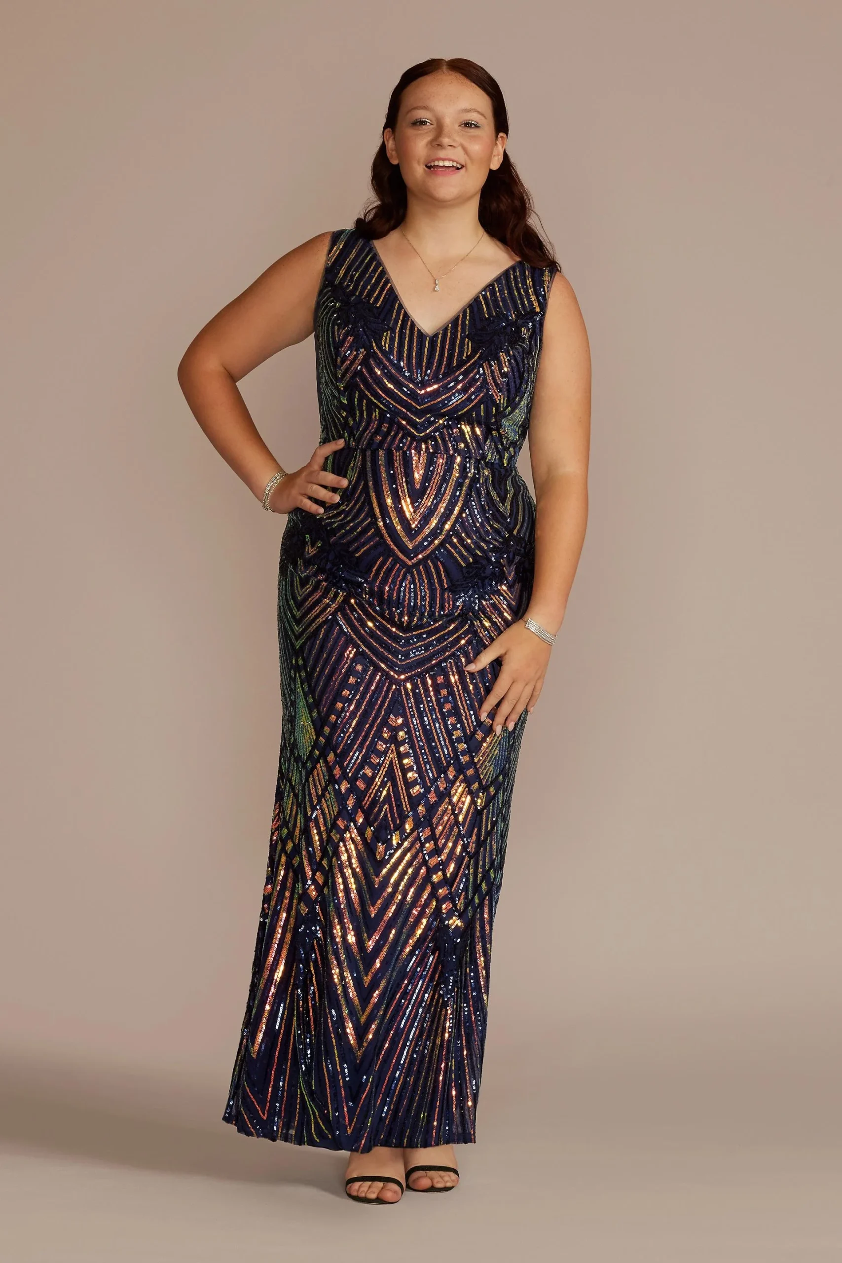 Long Sequin Patterned V-Neck Sheath Dress