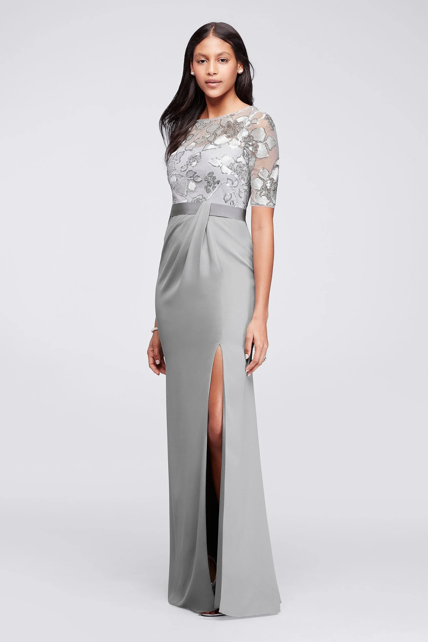 Long Sequined Dress with Sheer Overlay and Sleeves