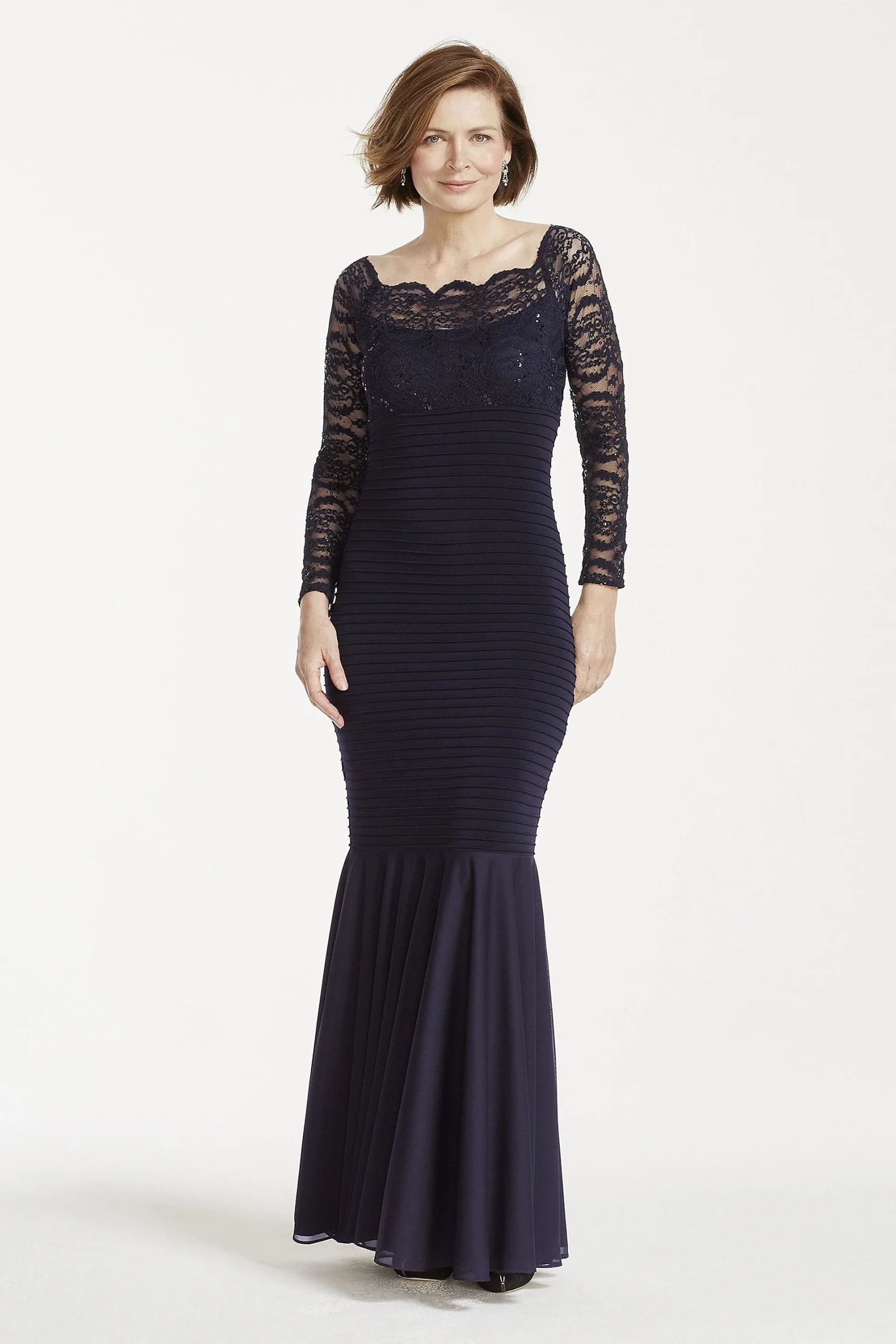 Long Sleeve Banded Glitter Lace Dress