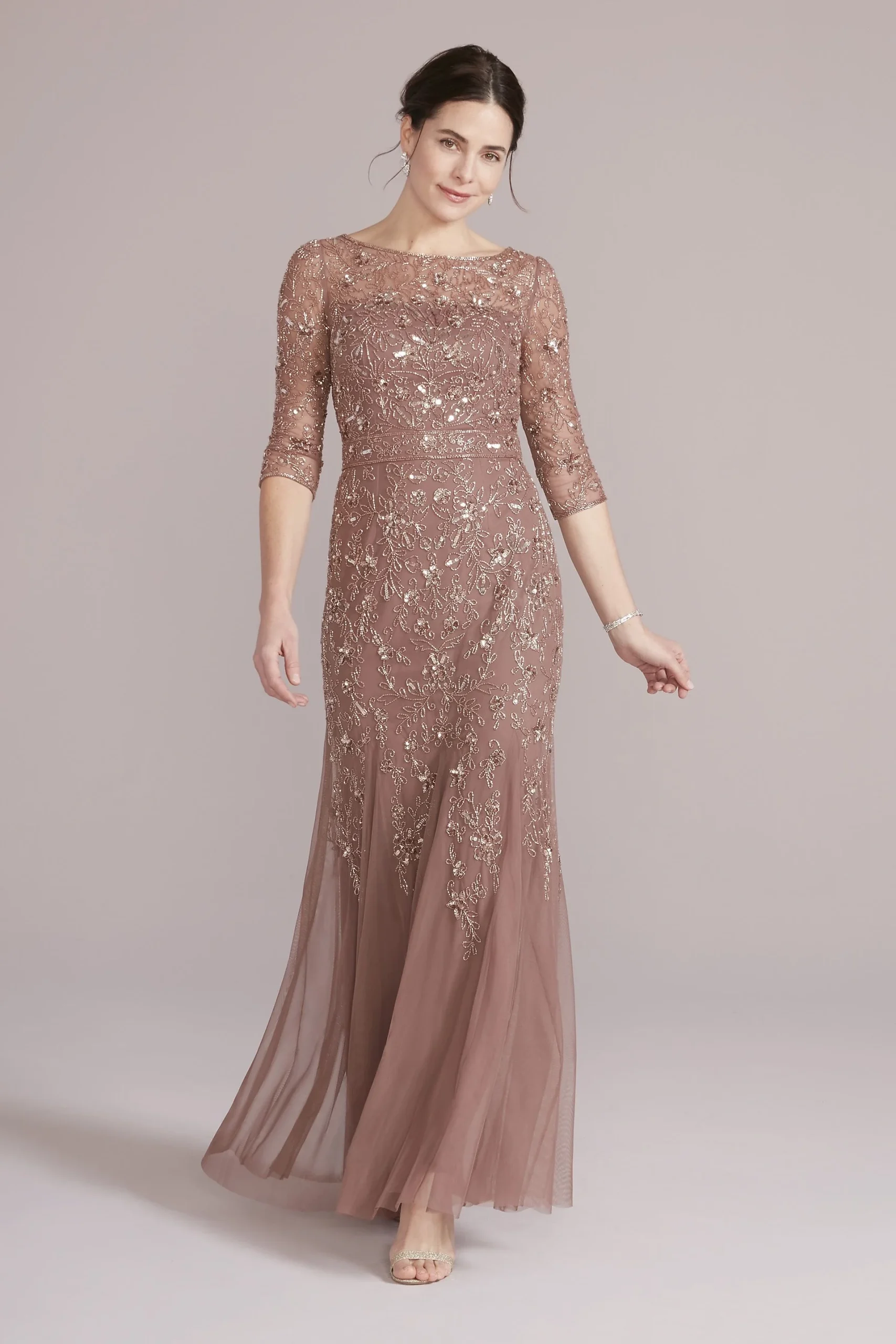 Long Sleeve Beaded Sheath with Skirt Godets