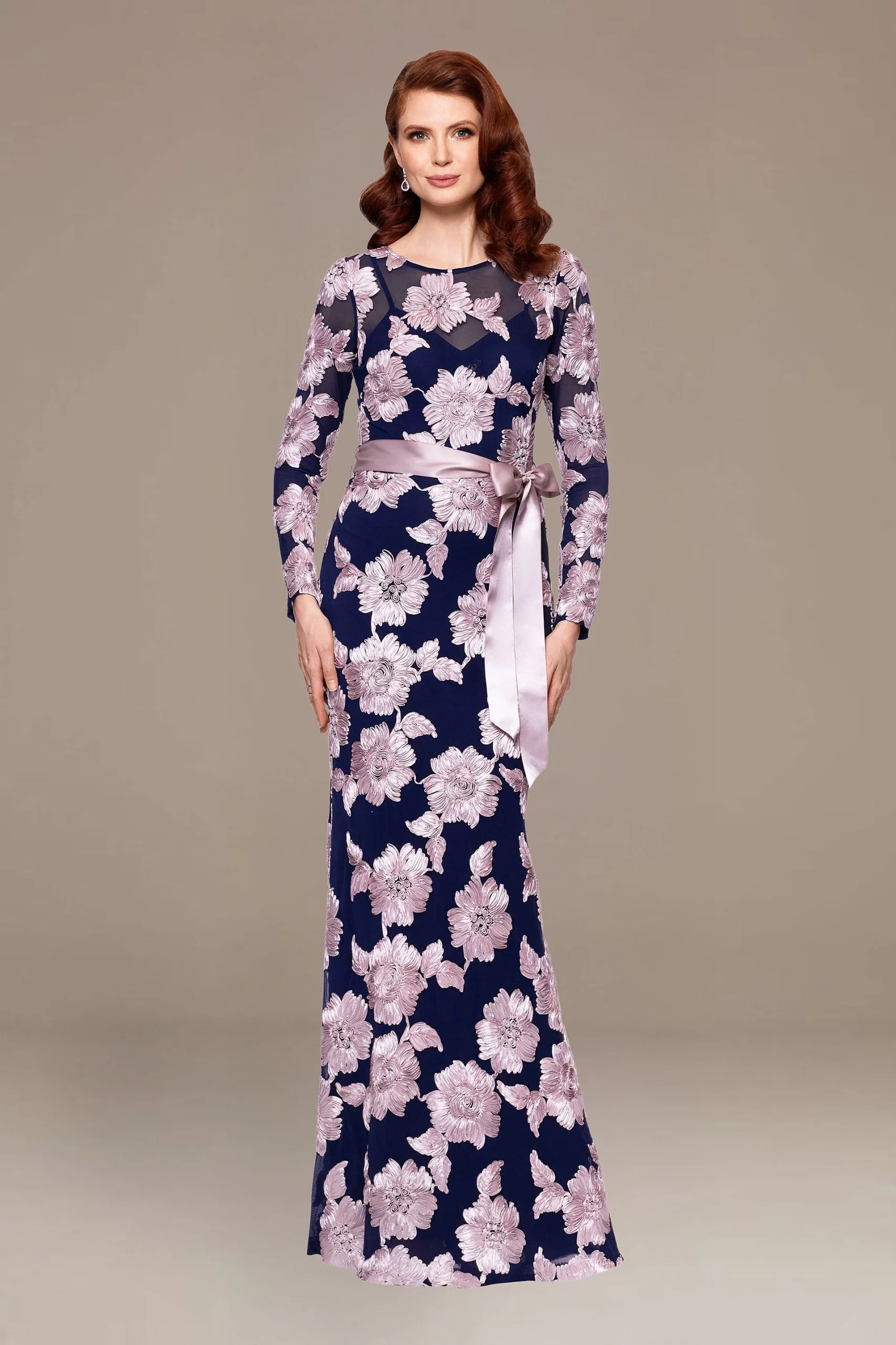 Long-Sleeve Floral Mesh Sheath Dress
