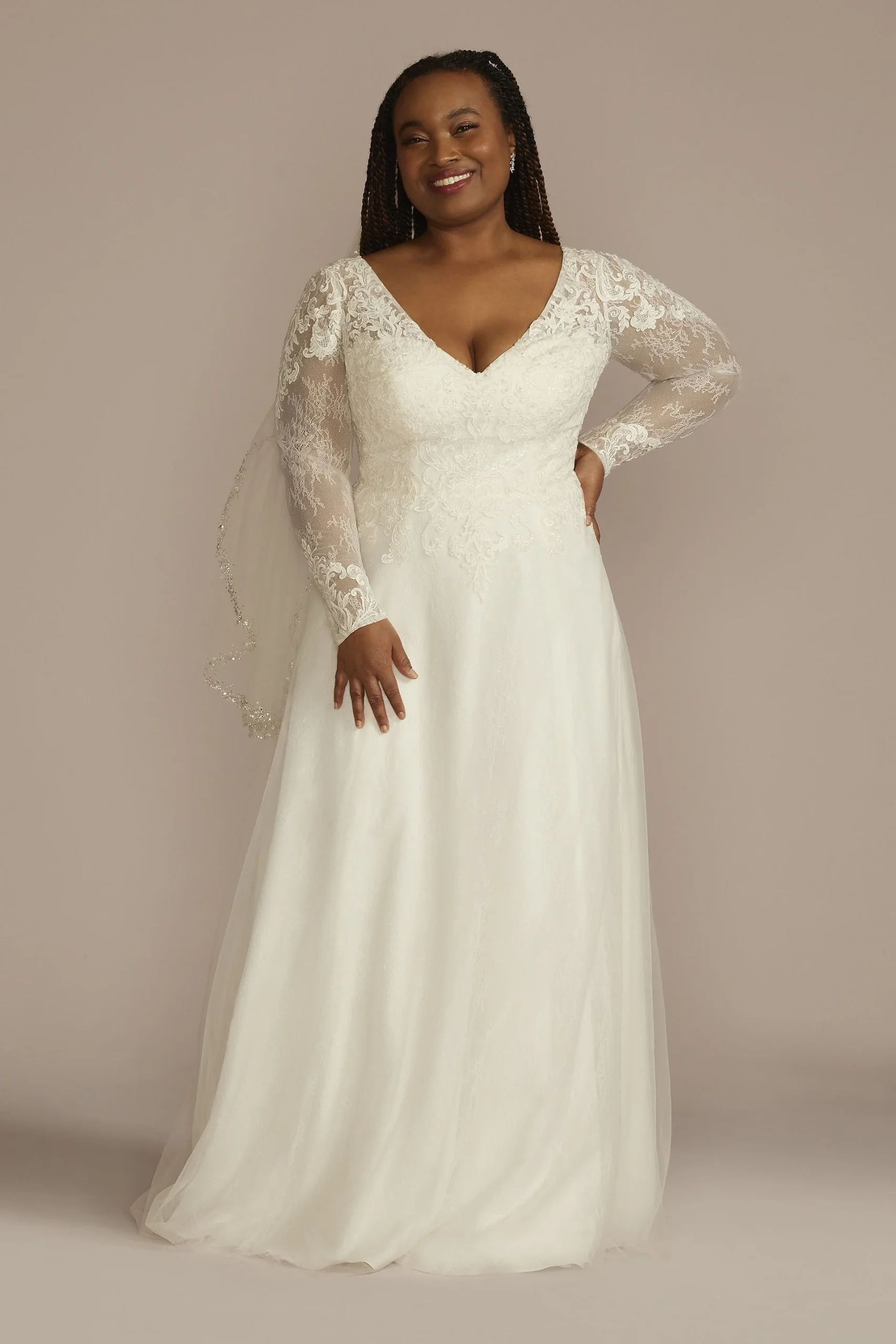 Long Sleeve Lace Bodice Tulle A-Line Wedding Dress