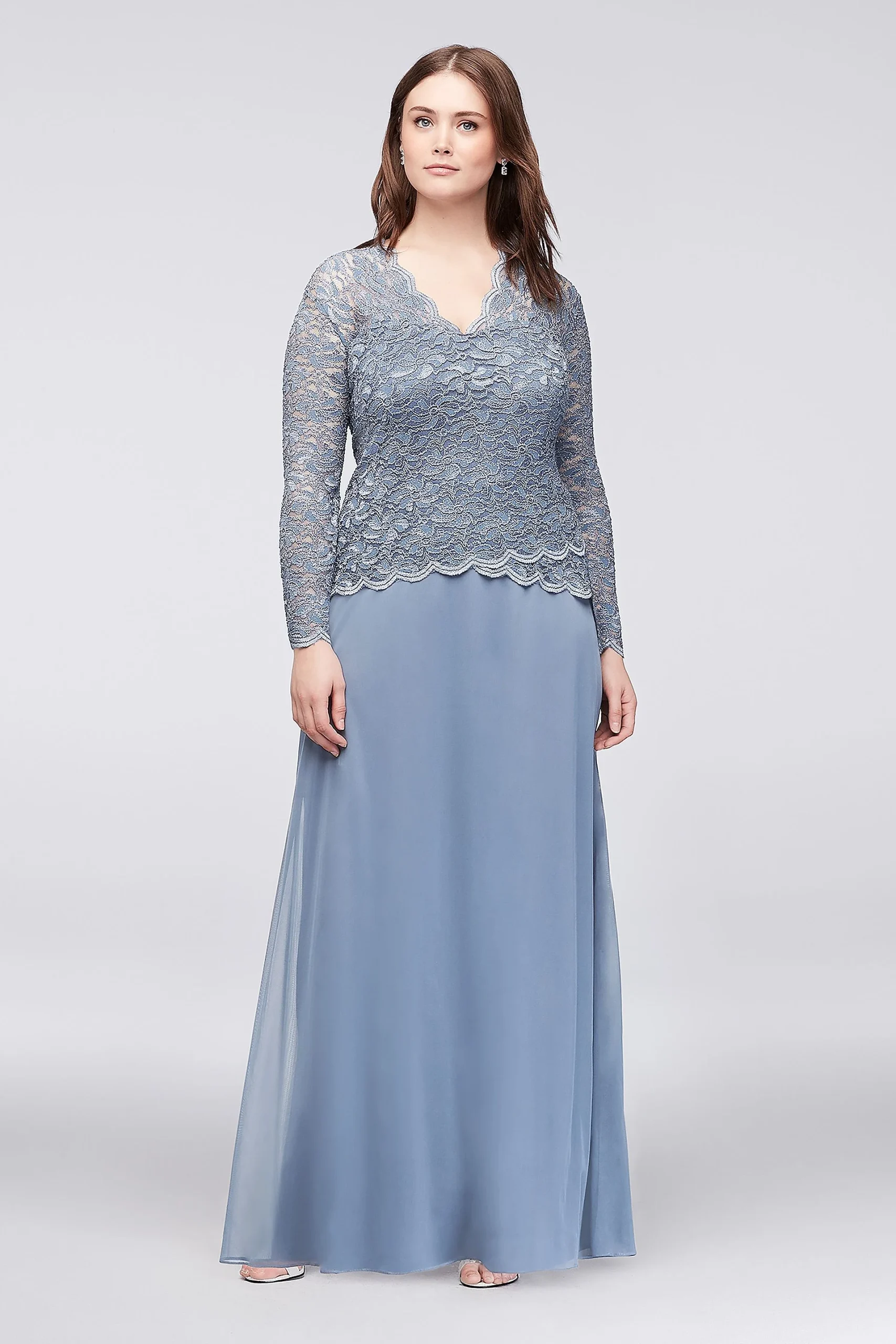 Long-Sleeve Lace and Chiffon Plus Size Dress