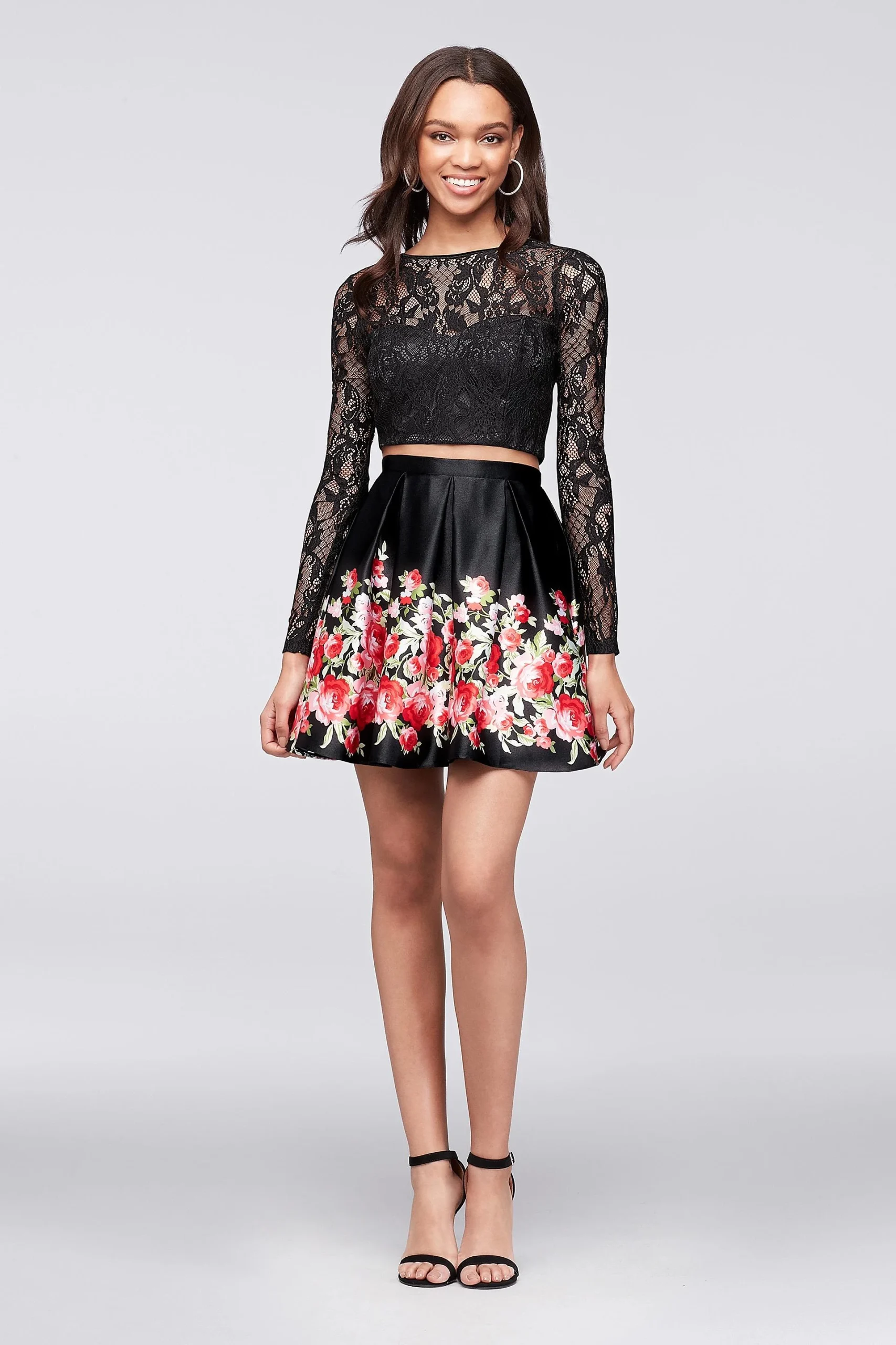 Long-Sleeve Lace Crop Top and Satin Skirt Set