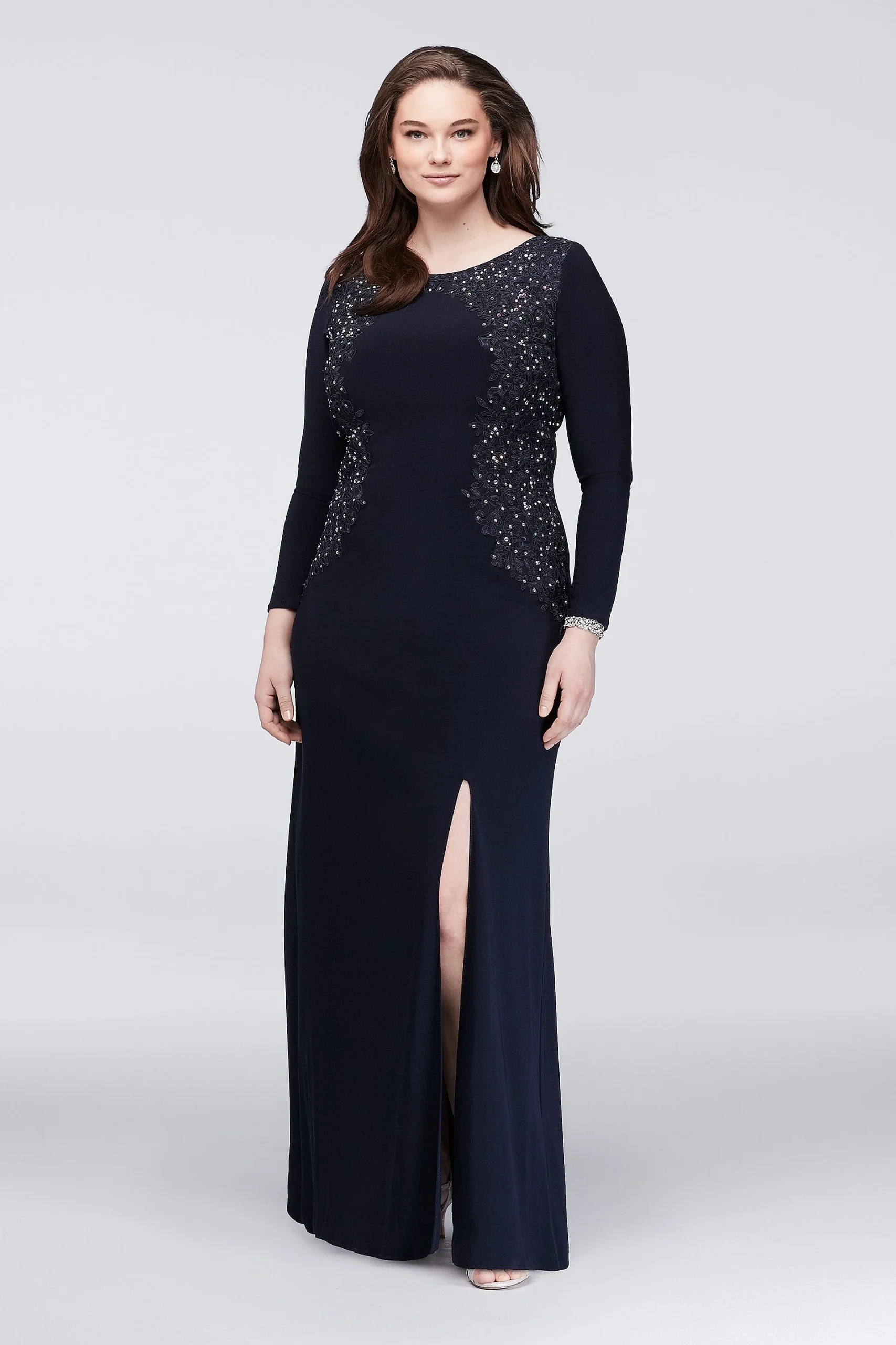 Long-Sleeve Plus Size Gown with Lace Appliques