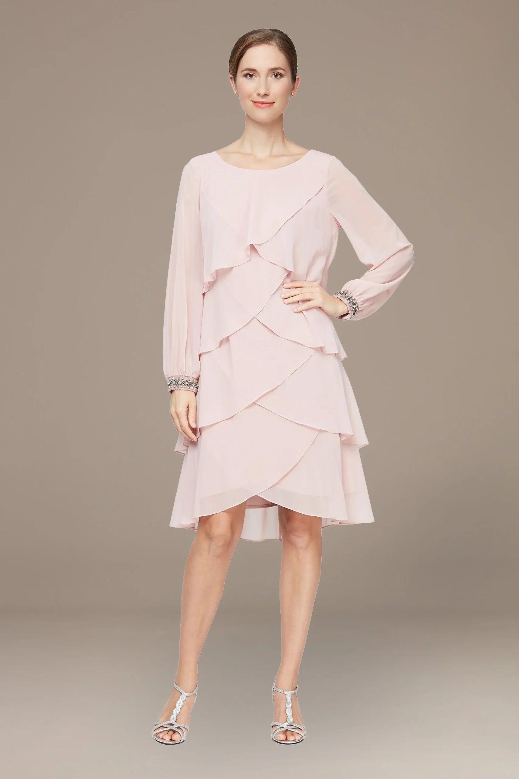 Long Sleeve Tiered Chiffon Dress with Beaded Cuffs
