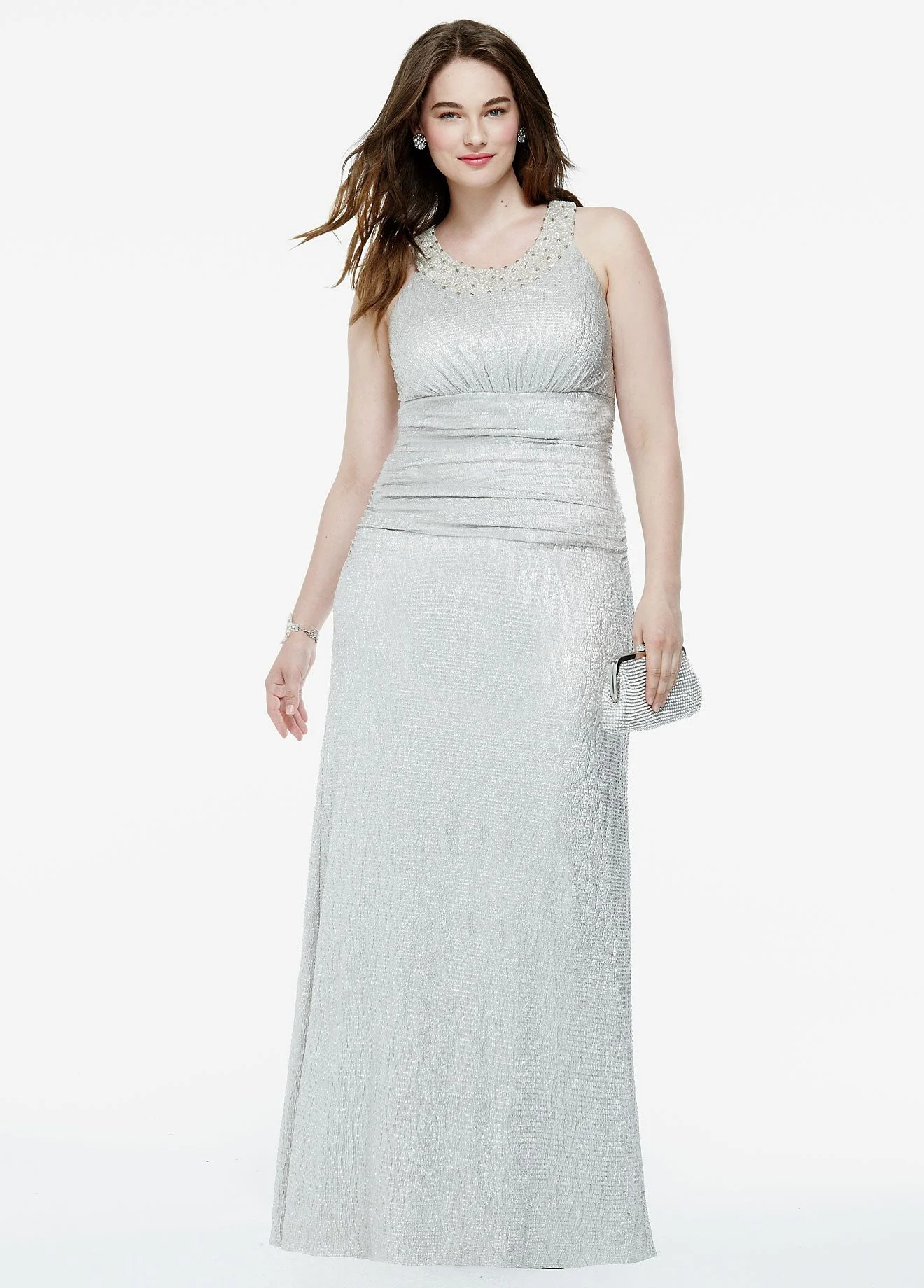 Long Sleeveless Ruched Foil Jersey Dress