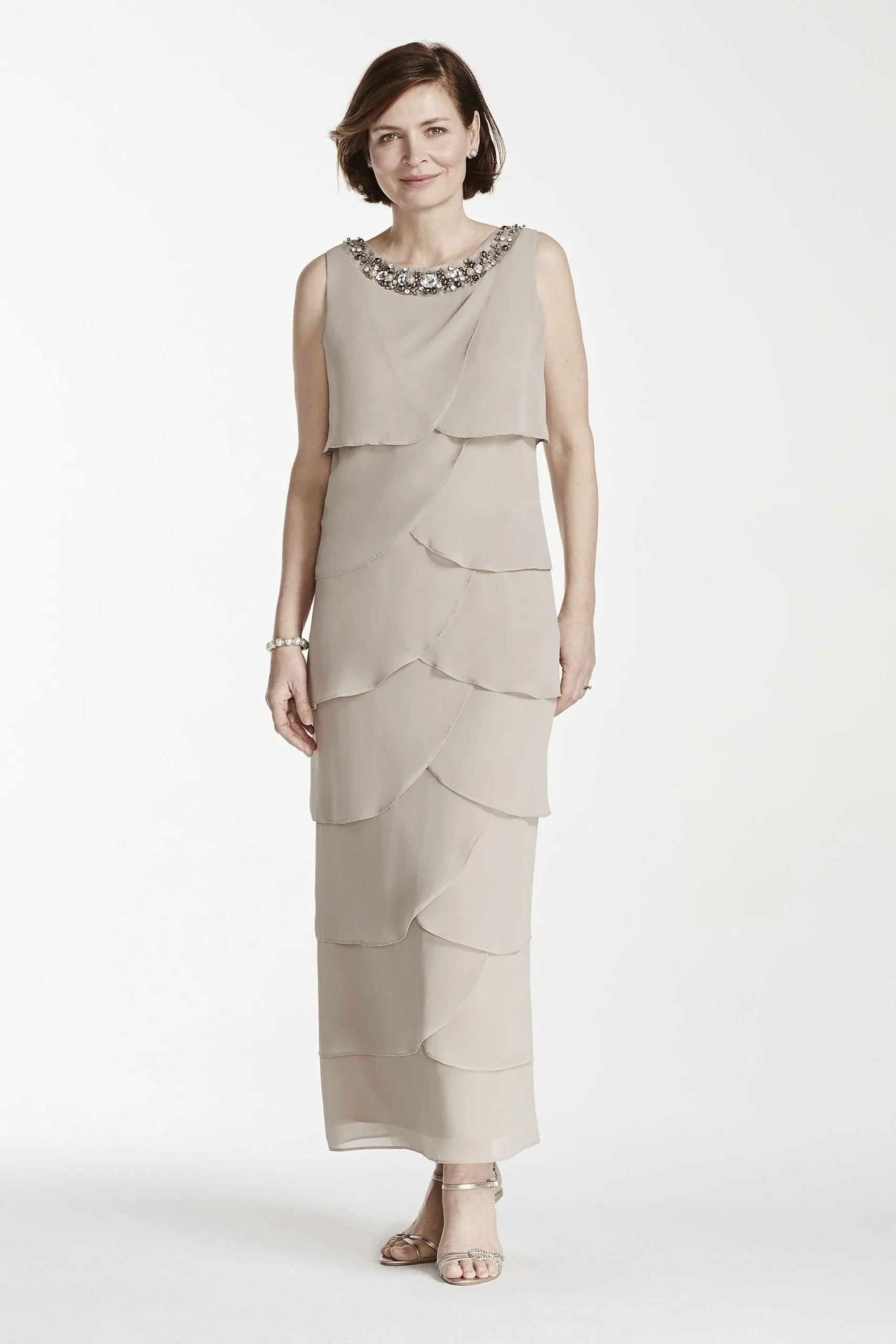 Long Sleeveless Tiered Dress with Beaded Neckline