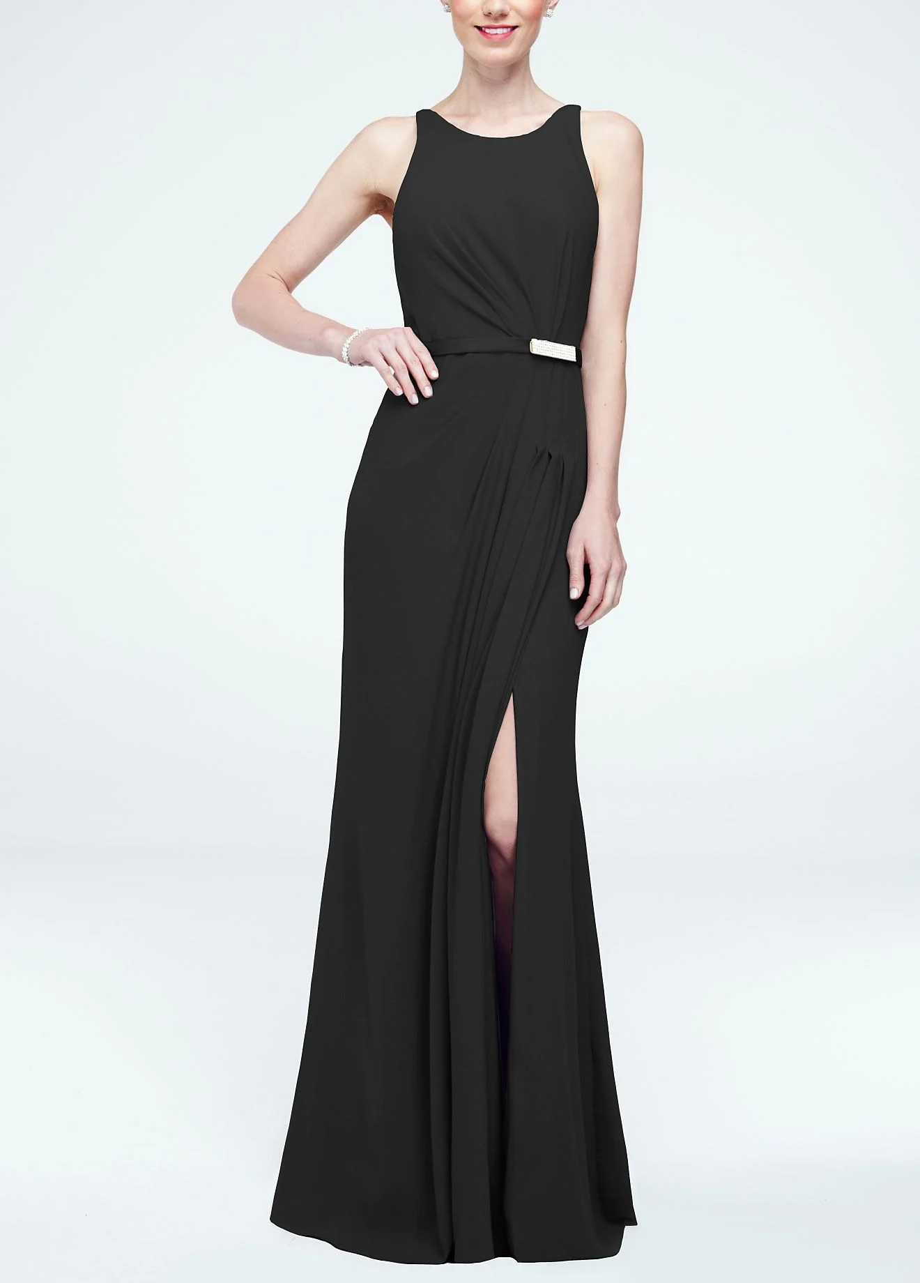 Long Sleevless Crepe Dress with Embellished Belt