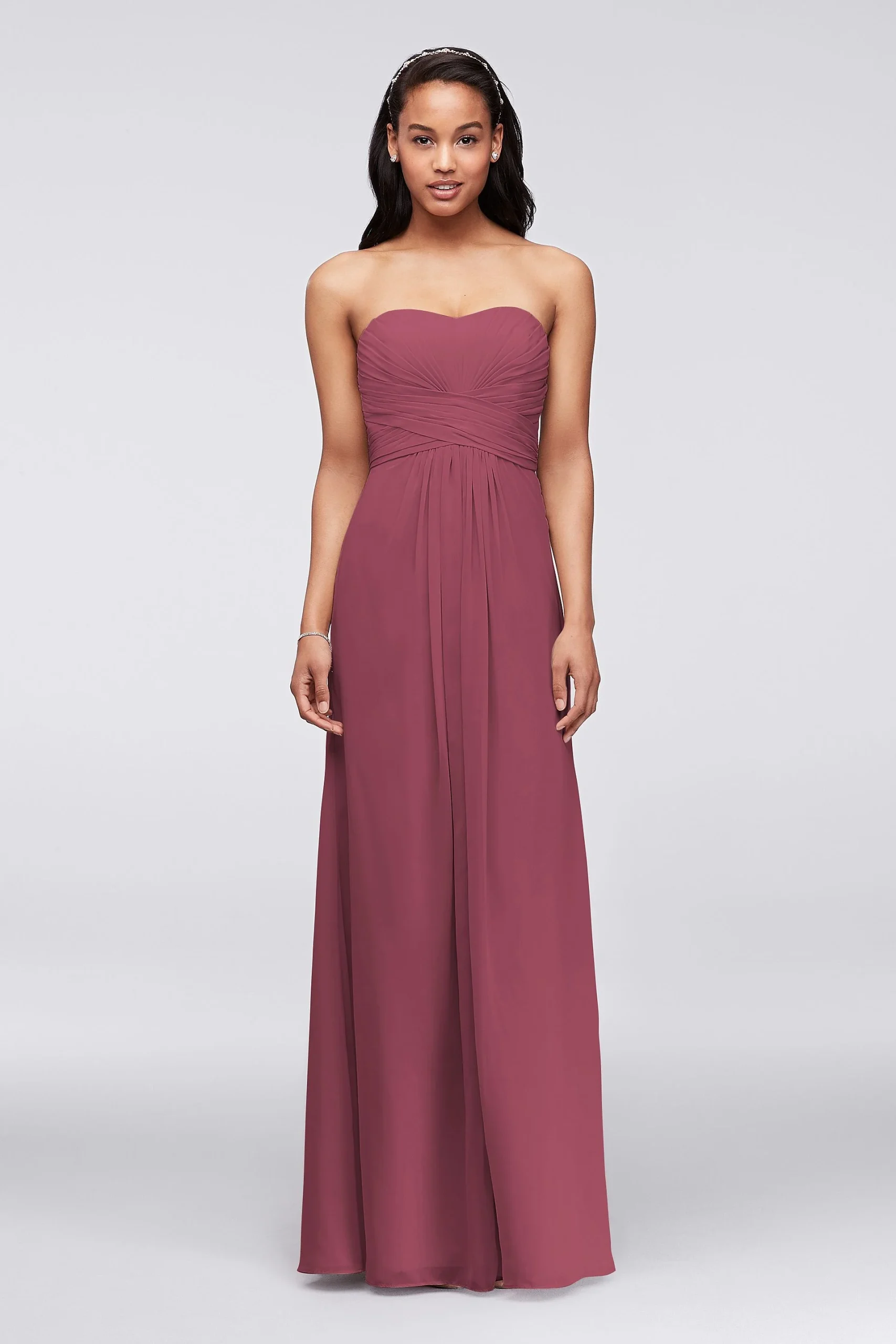 Long Strapless Chiffon Dress with Pleated Bodice