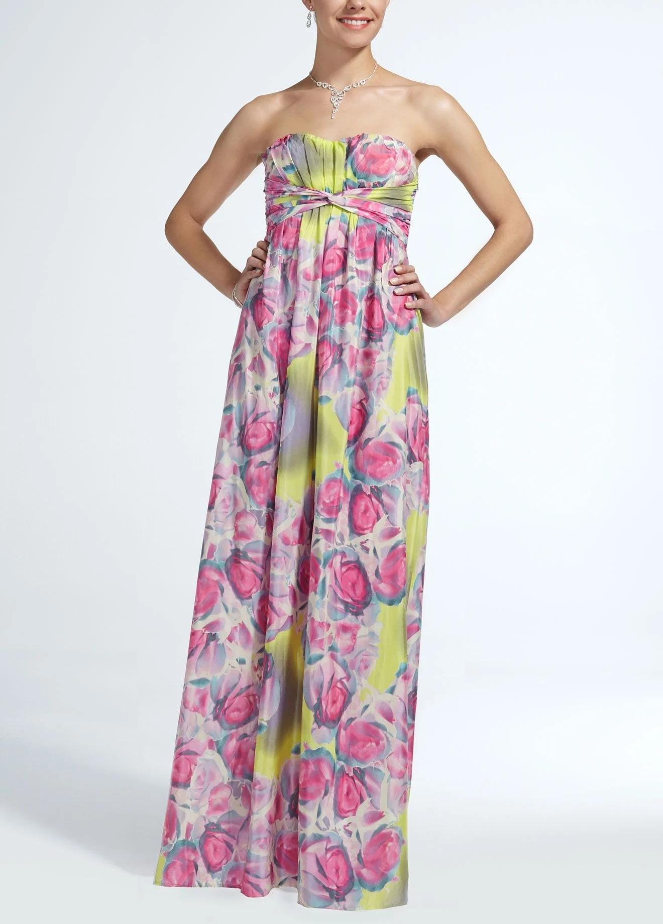 Long Strapless Printed Chiffon Dress
