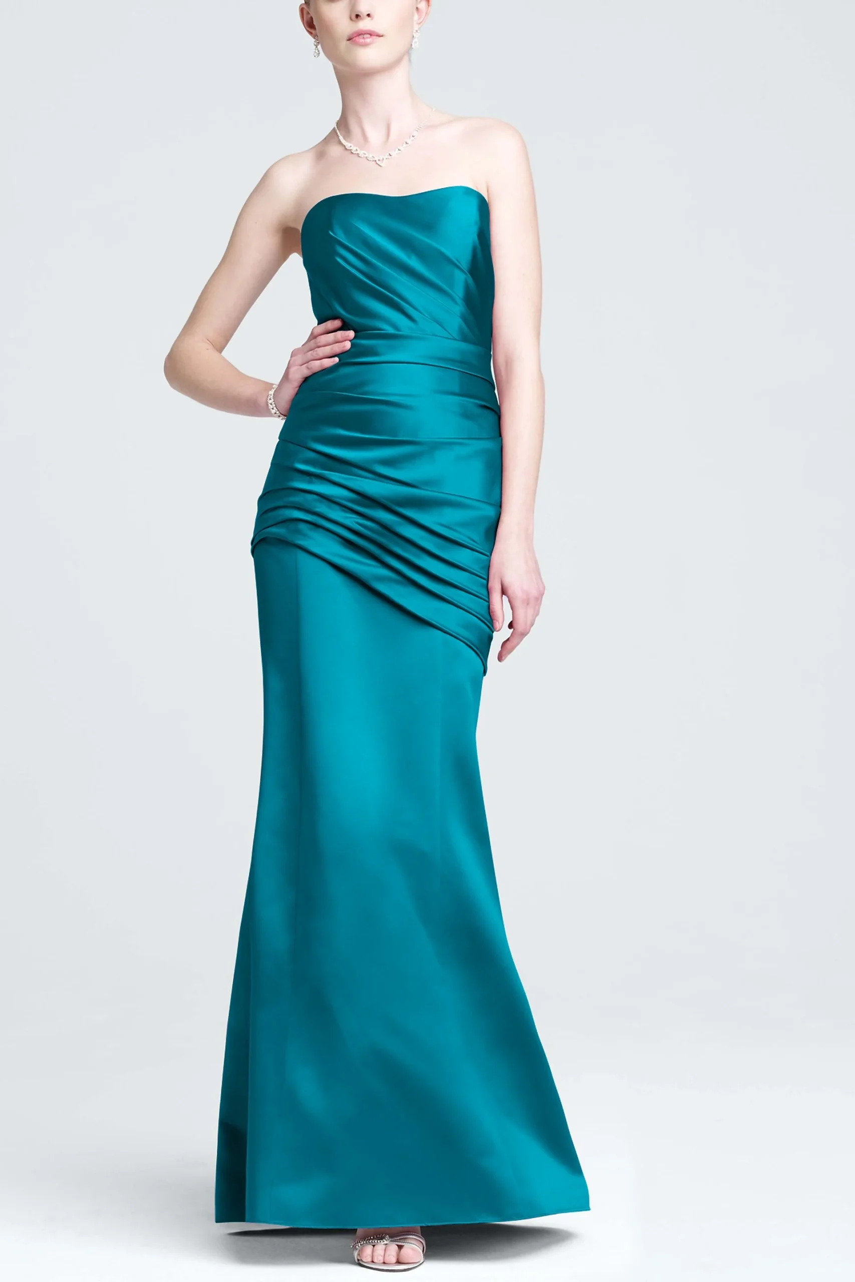 Long Strapless Satin Dress with Side Ruching