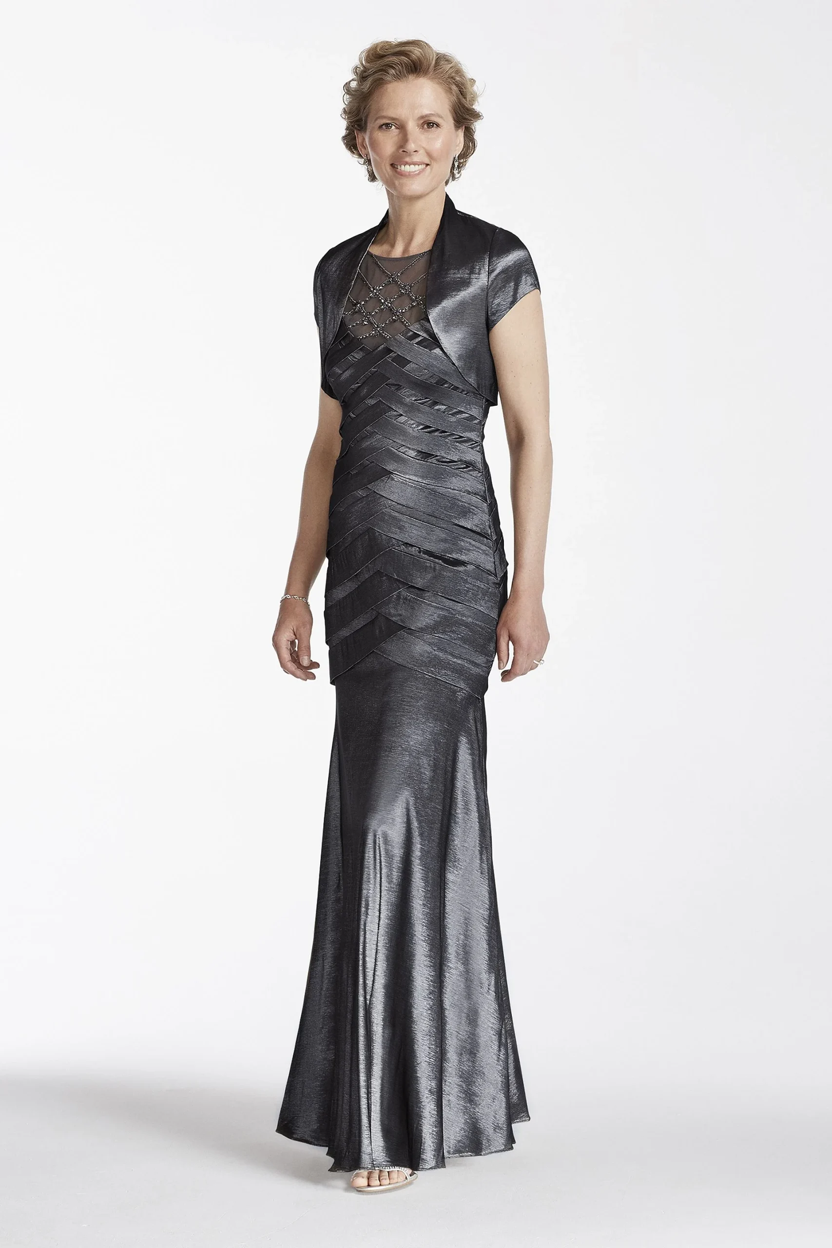Long Stretch Taffeta Gown with Cap Sleeve Jacket