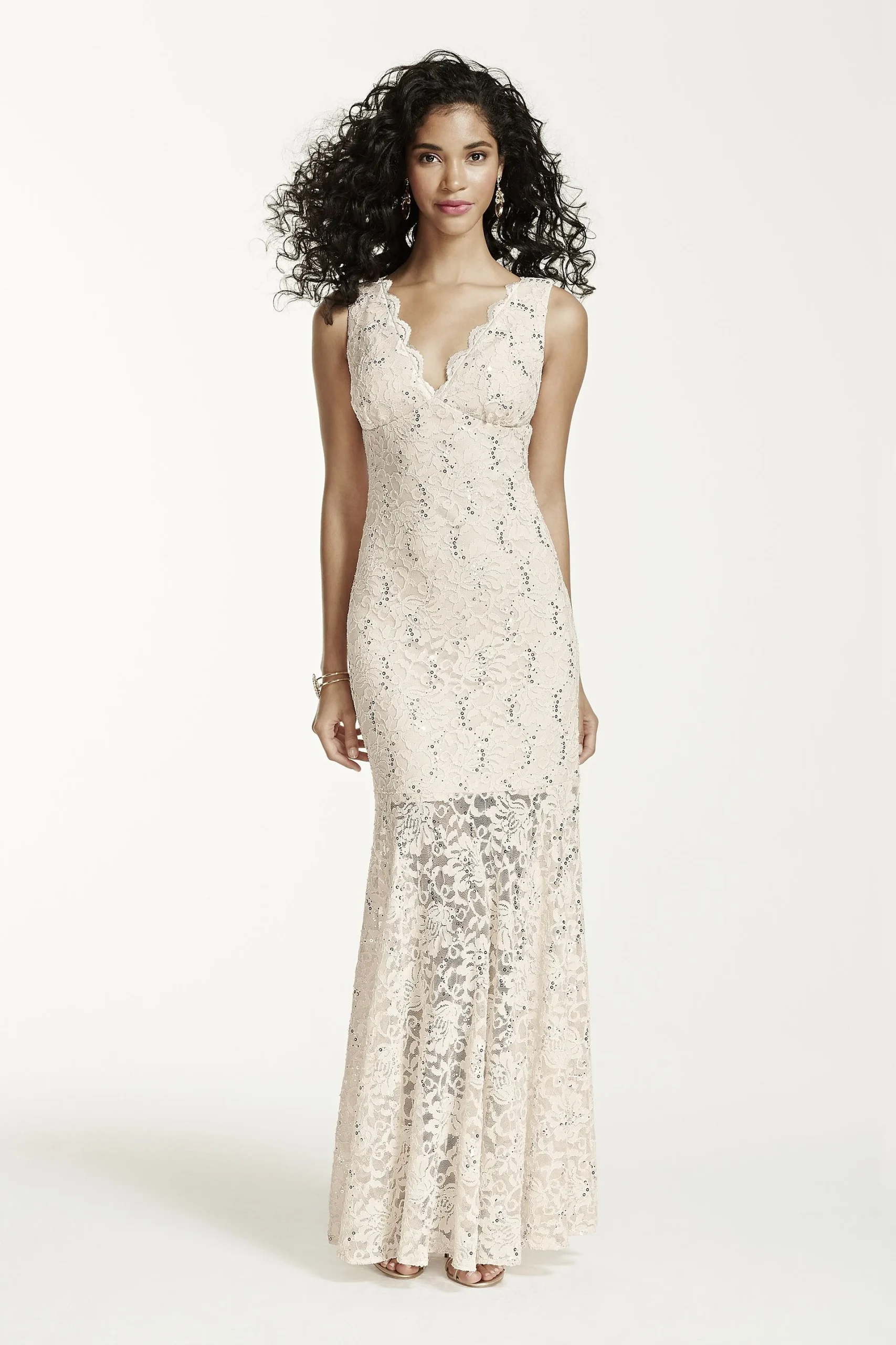Long V Neck Stretch Lace and Sequin Dress