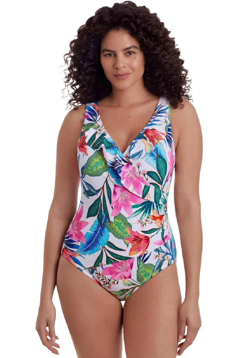 Longitude Long Torso Midnight Plumeria Ruffle Front Splice Swimsuit, Multi (L260286)