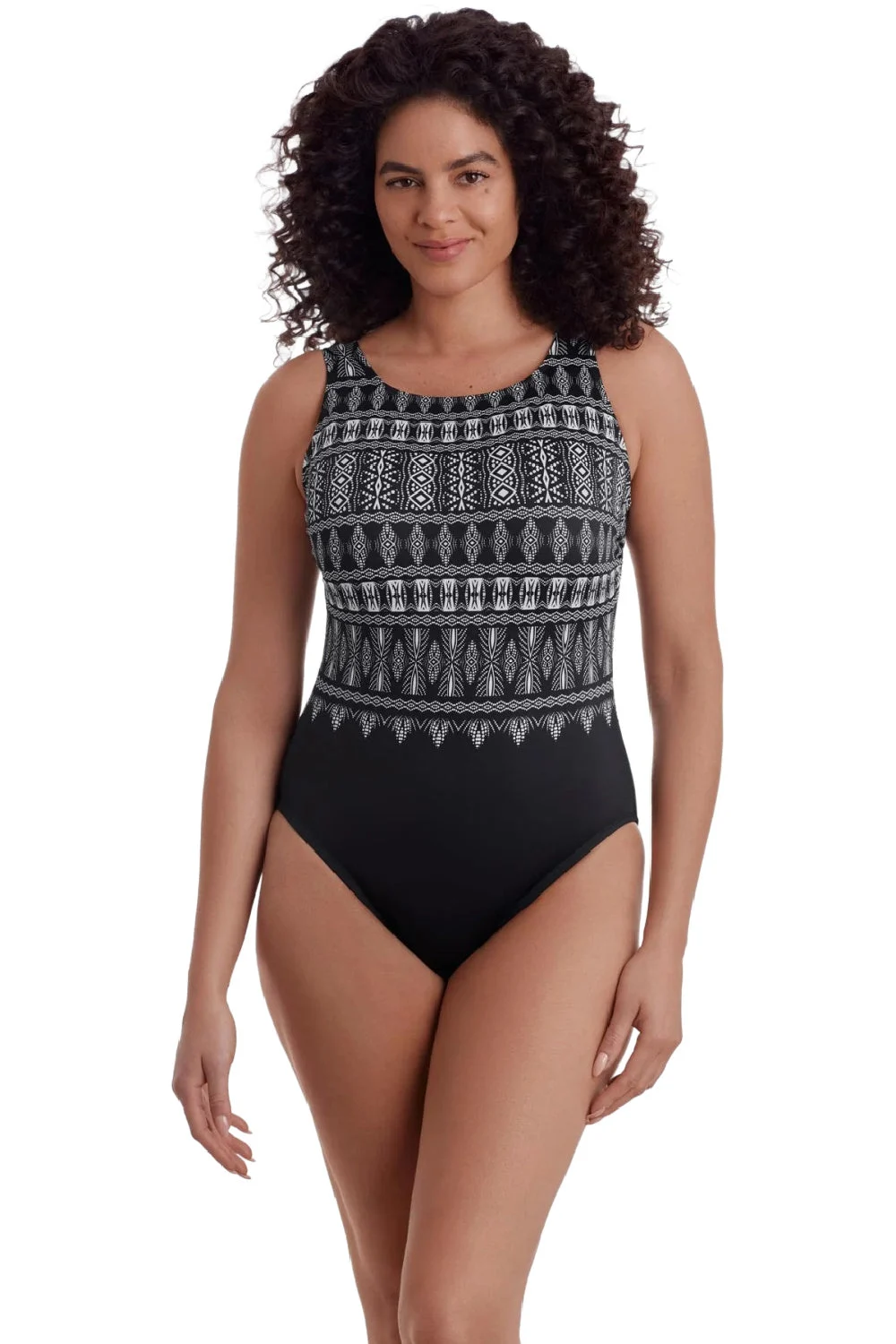 Longitude Long Torso Tribal Nights High Neck Scoopback Mastectomy Swimsuit , Black / White (L260105M)