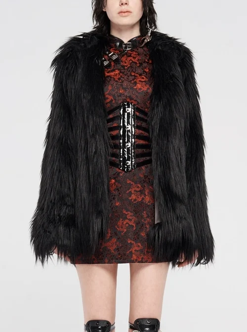 Loose-Fitting Imitation Fur Black Punk Long Sleeve Coat