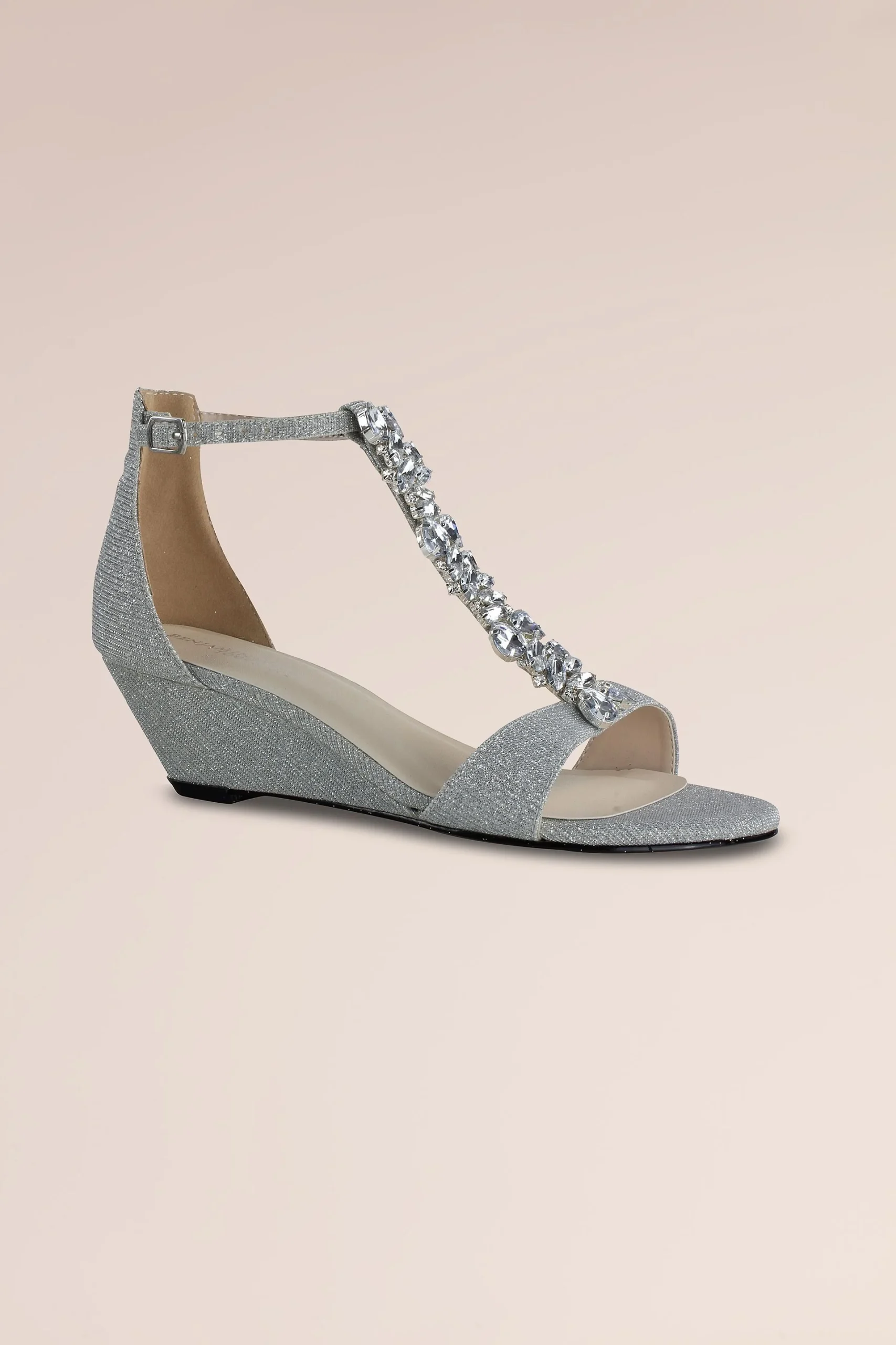 Low Wedge Heel Jeweled T-Strap Sandals