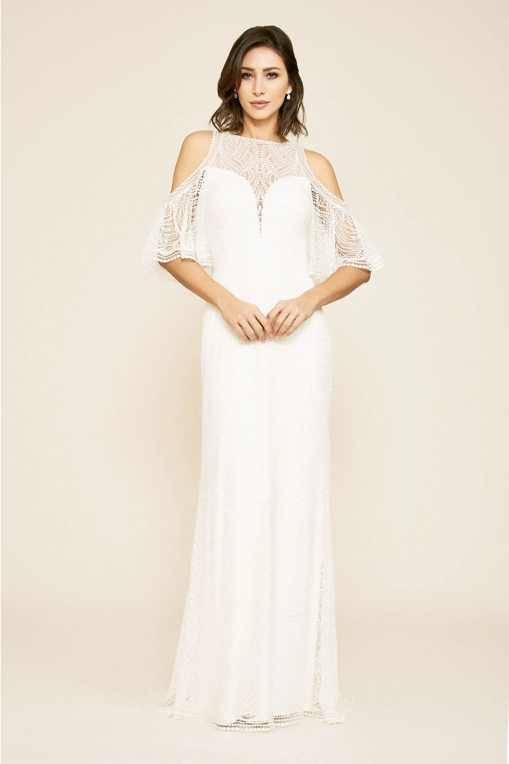 Luz Embroidered Cold Shoulder Sheath Wedding Dress