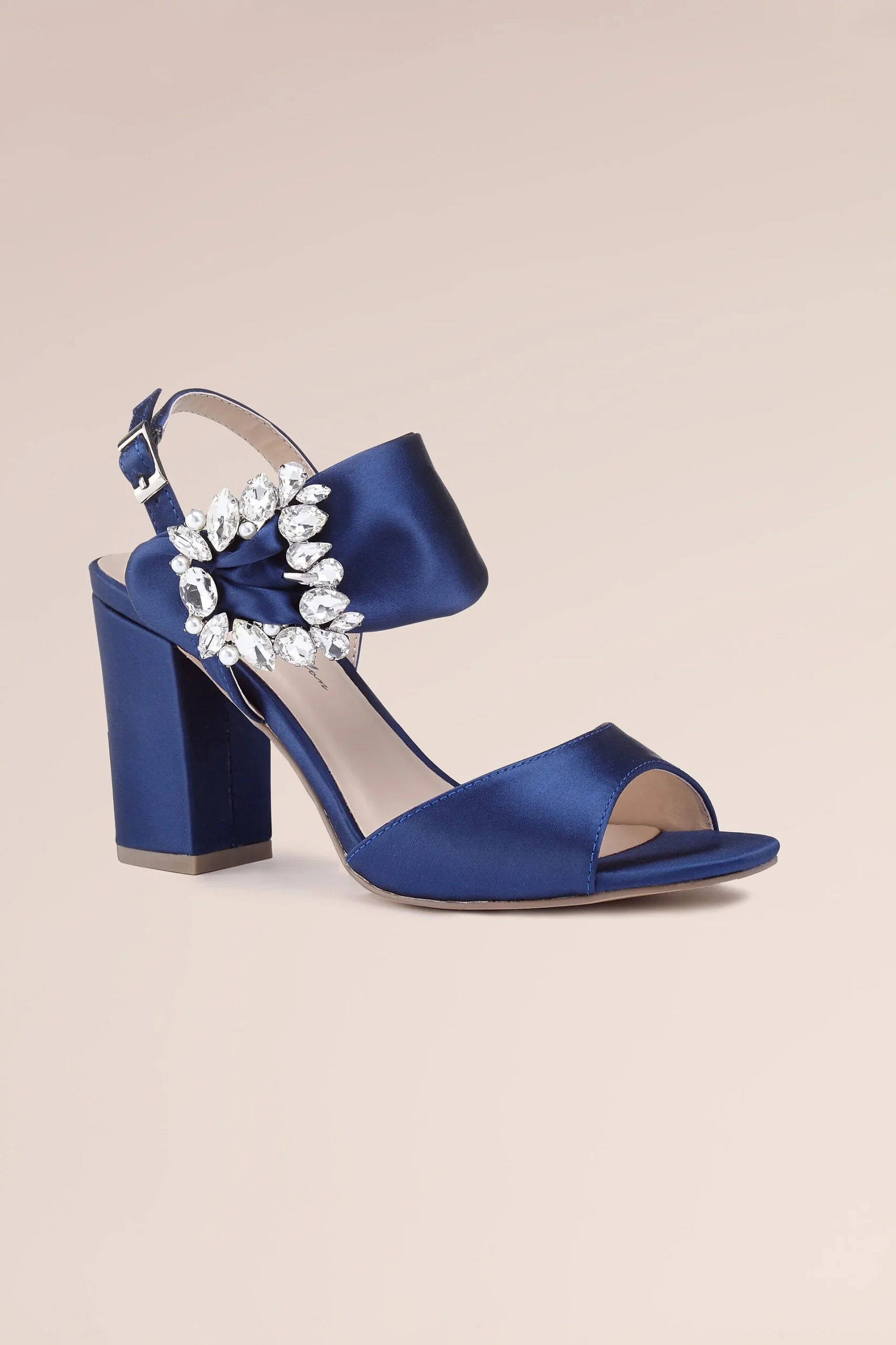 Manhattan Satin Crystal Jeweled Strap Block Heels