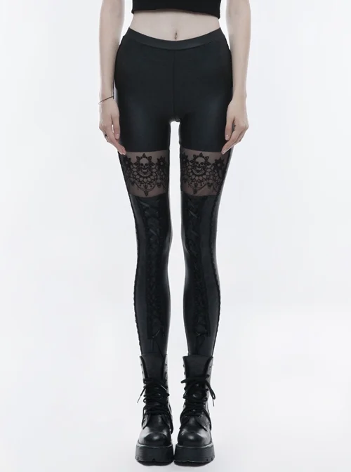 Matt Elastic PU Leather Knitted Splice Mesh Skull Embroidered Black Gothic Leggings