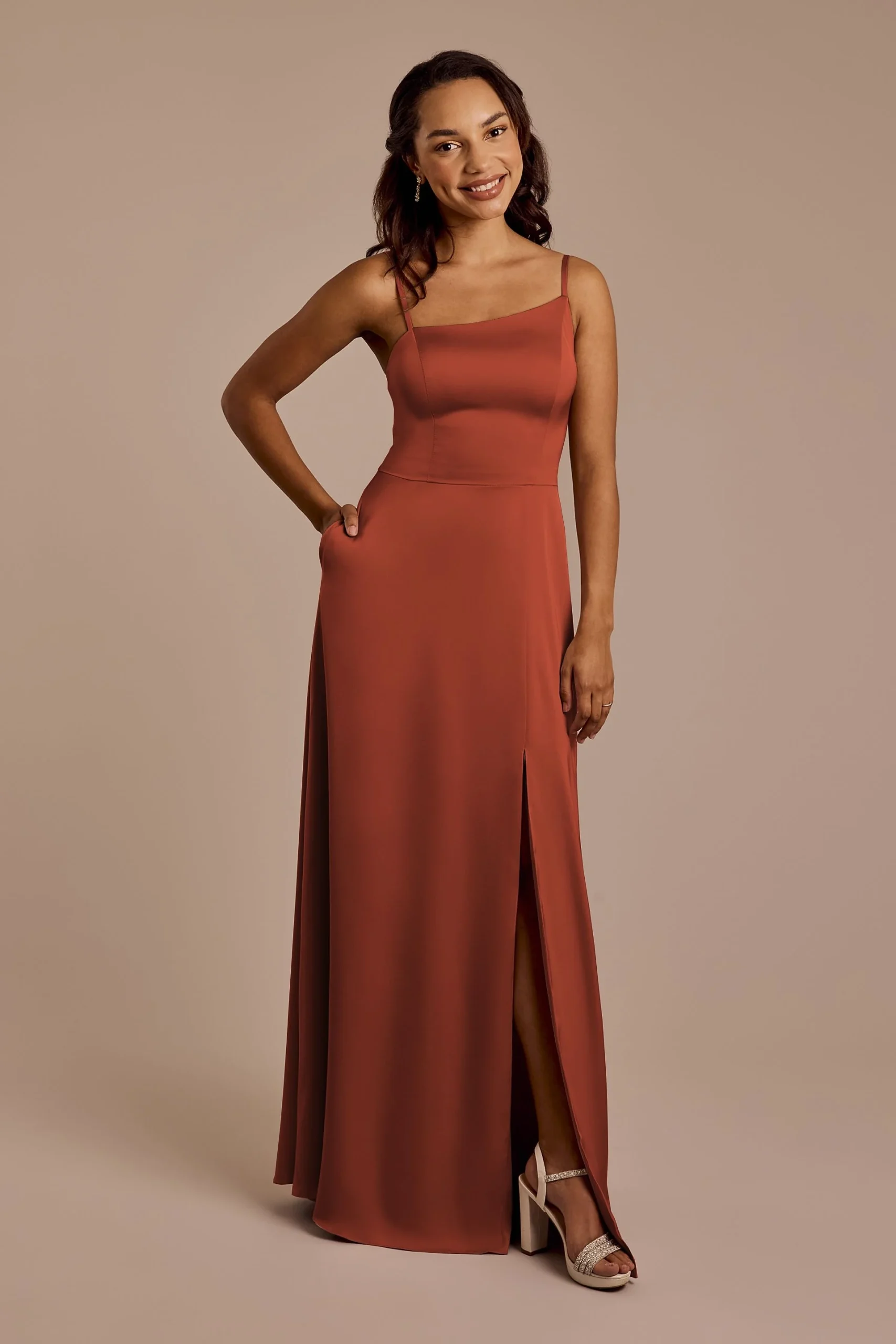 Matte Satin Asymmetrical Strap A-Line Dress