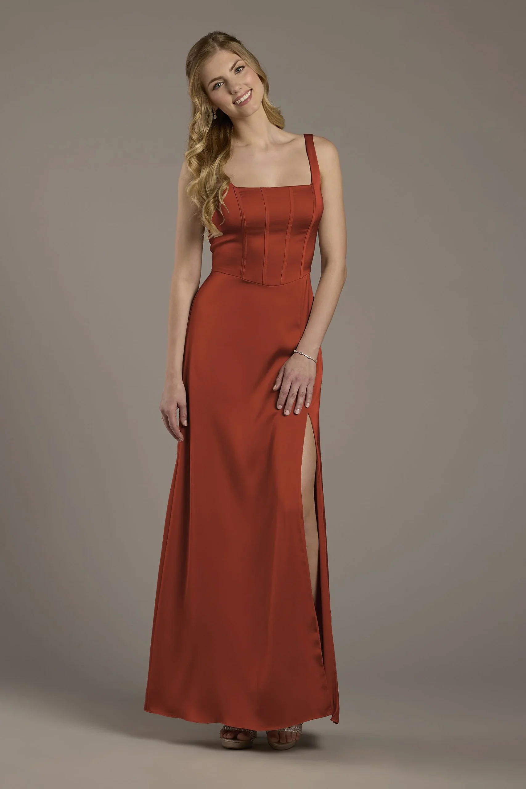 Matte Satin Corset Bodice Square Neck A-Line Dress