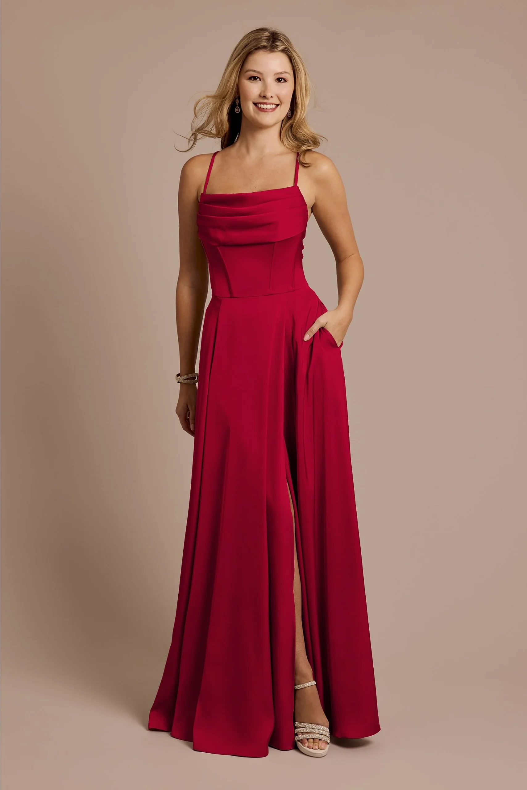 Matte Satin Cowl Neck Spaghetti Strap A-Line Dress