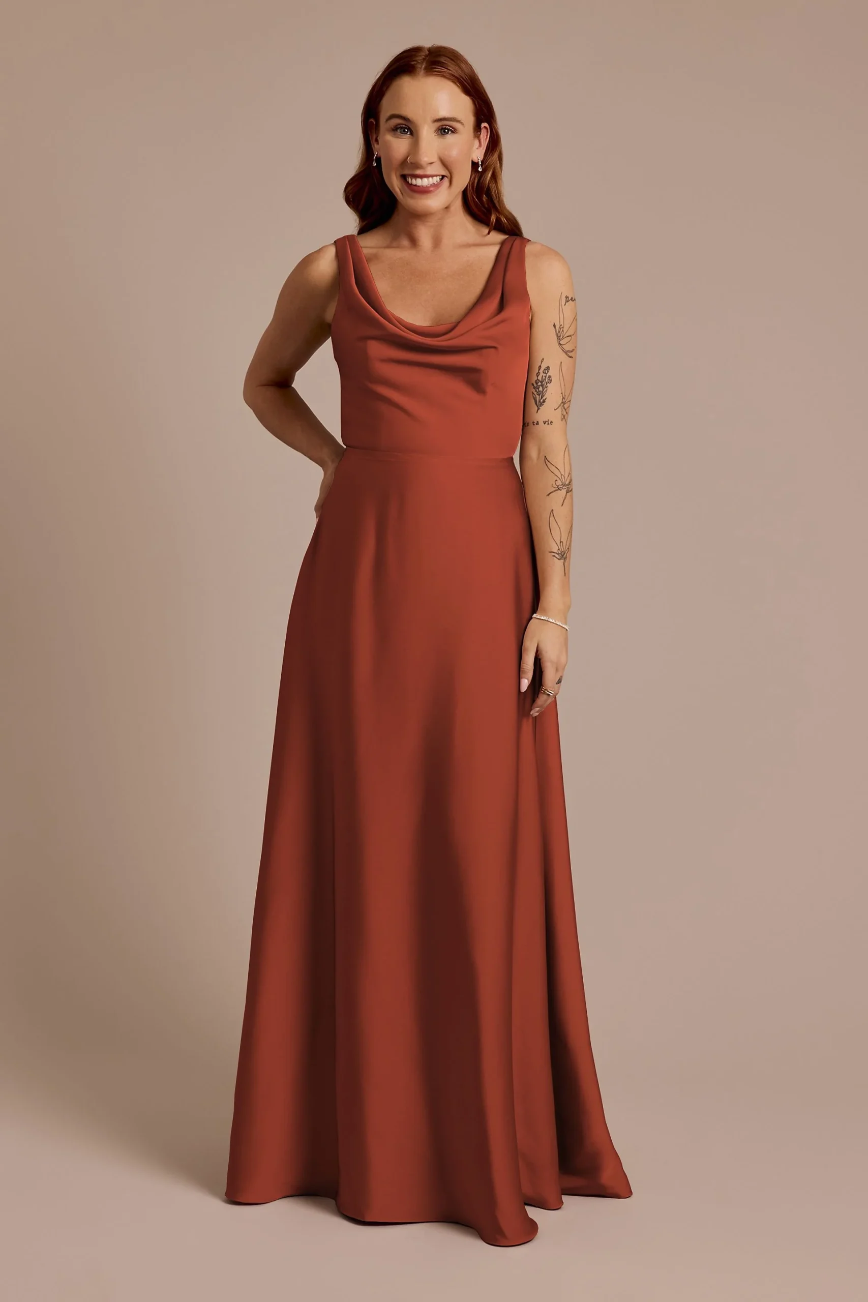 Matte Satin Cowl Neck Tie Back Dress