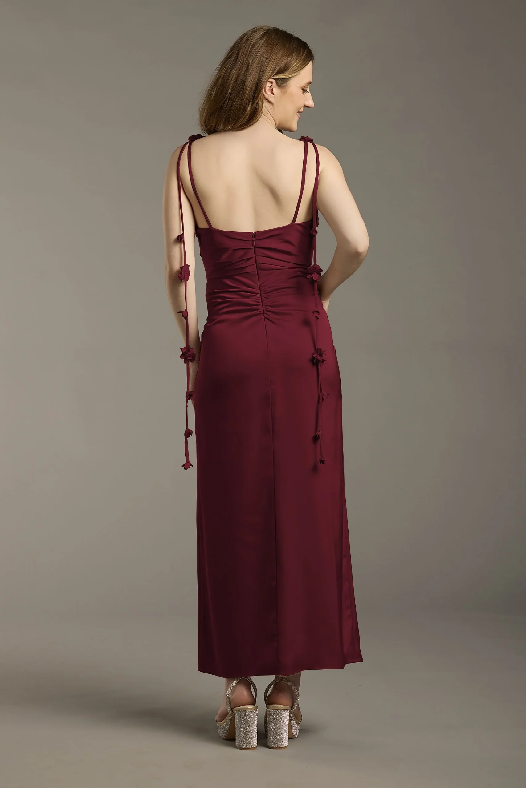 Matte Satin Floral Strap Midi Dress