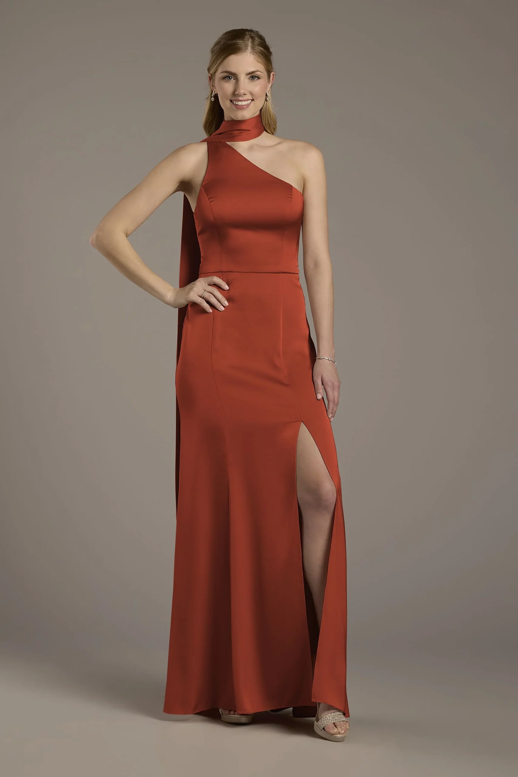 Matte Satin One-Shoulder A-Line Dress with Scarf