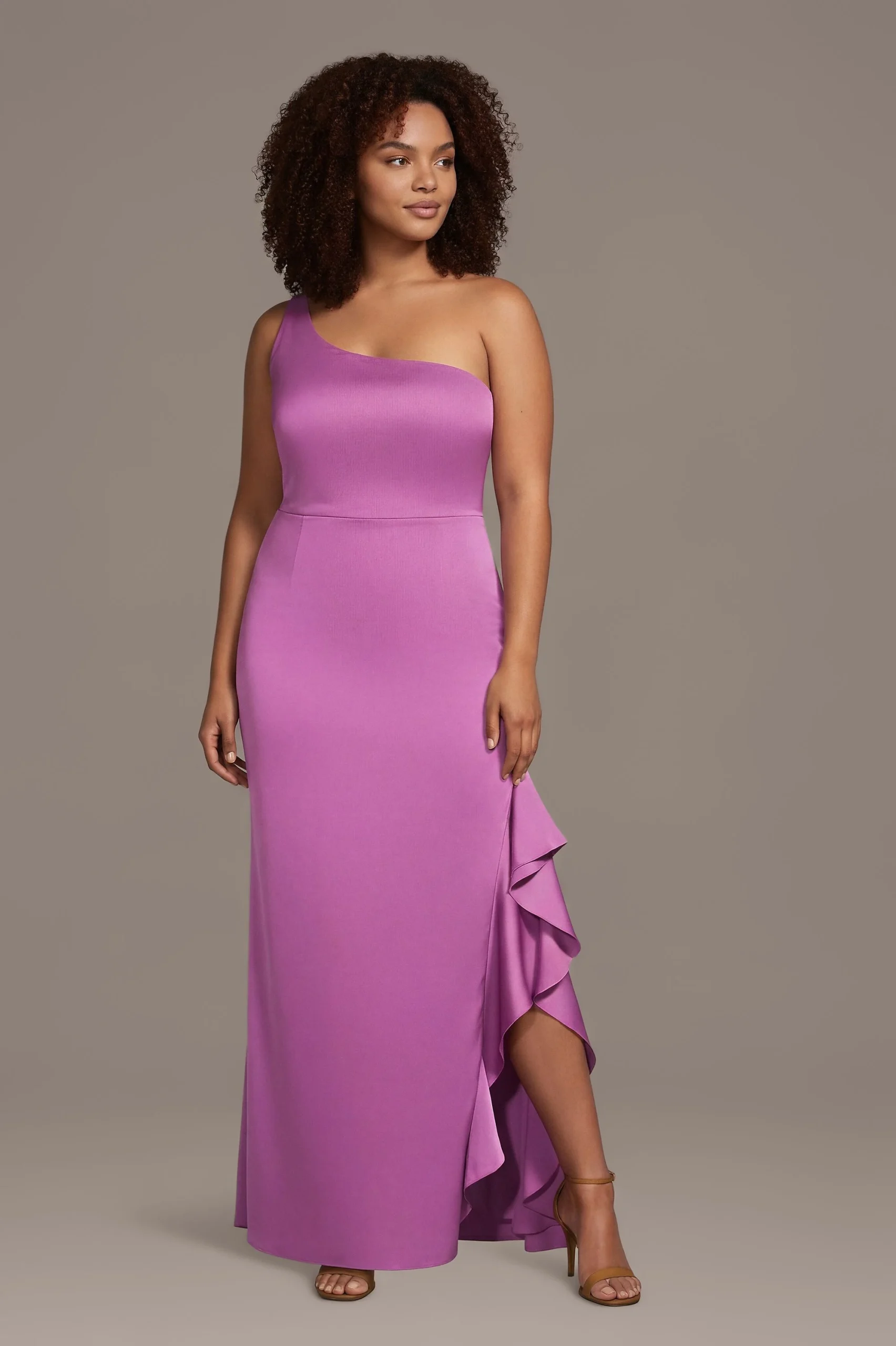 Matte Satin One-Shoulder Sheath with Ruffle