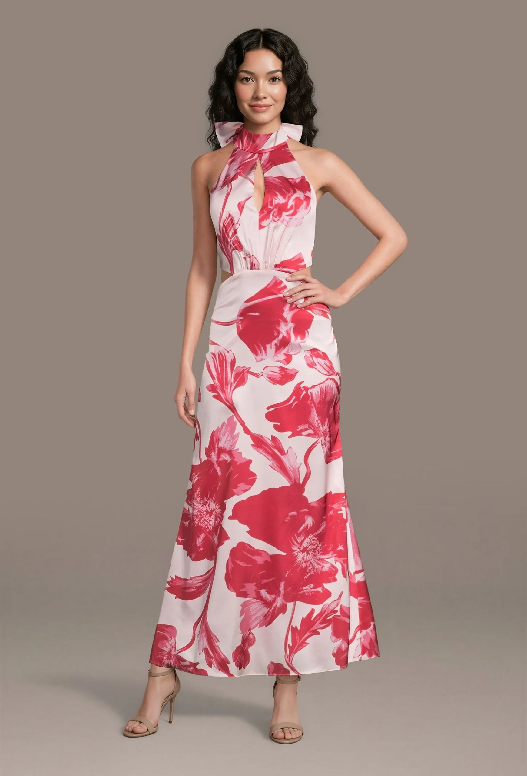 Matte Satin Print Halter Dress with Cutouts