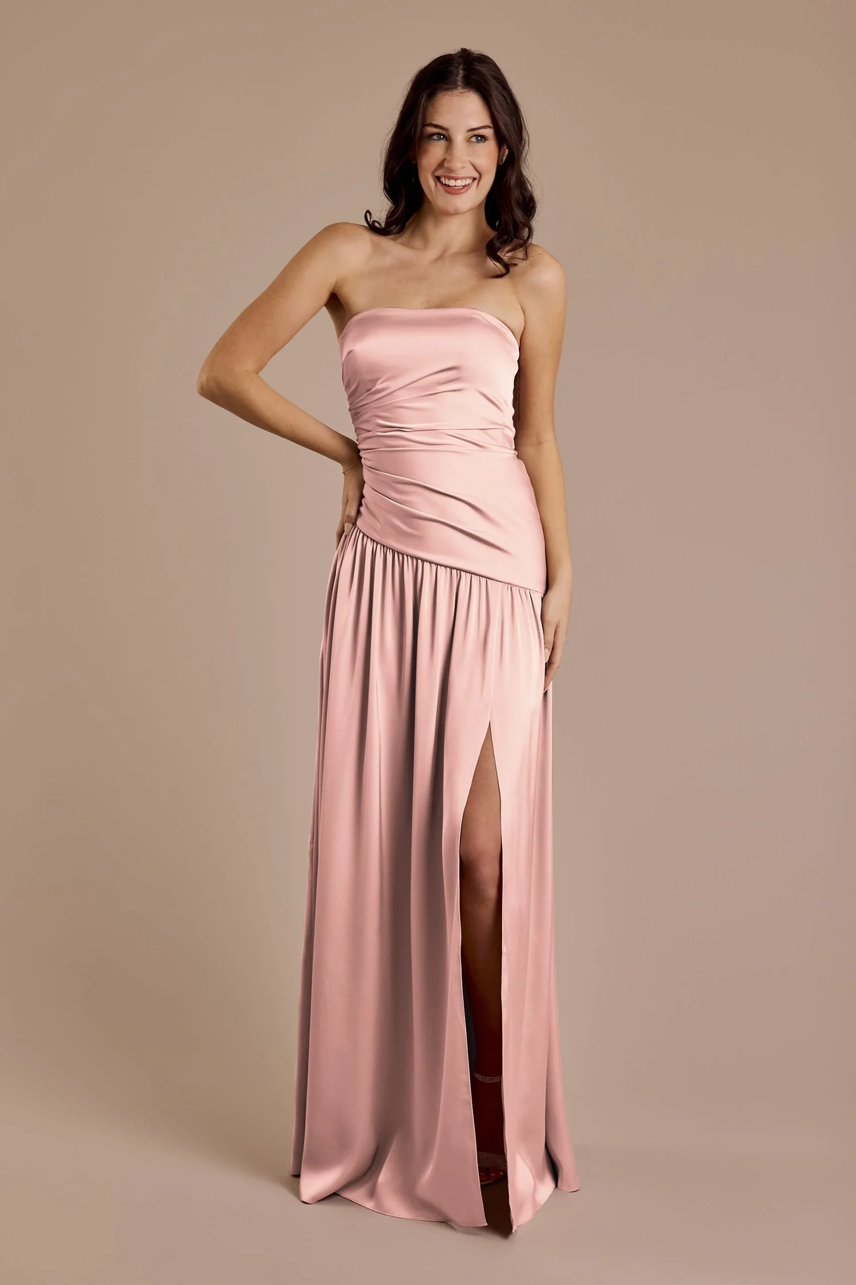 Matte Satin Strapless Drop Waist Dress