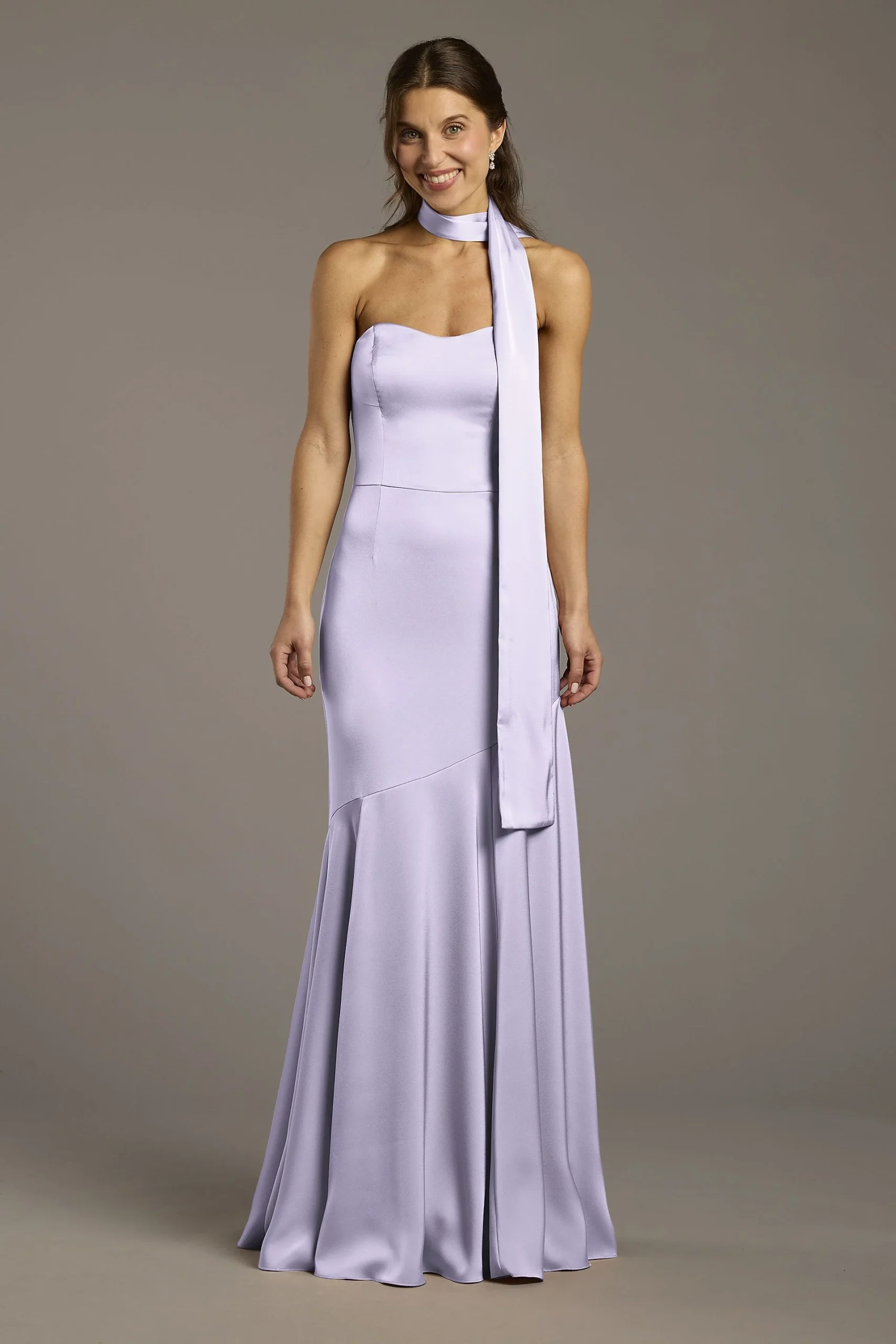 Matte Satin Strapless Sweetheart Dress with Scarf