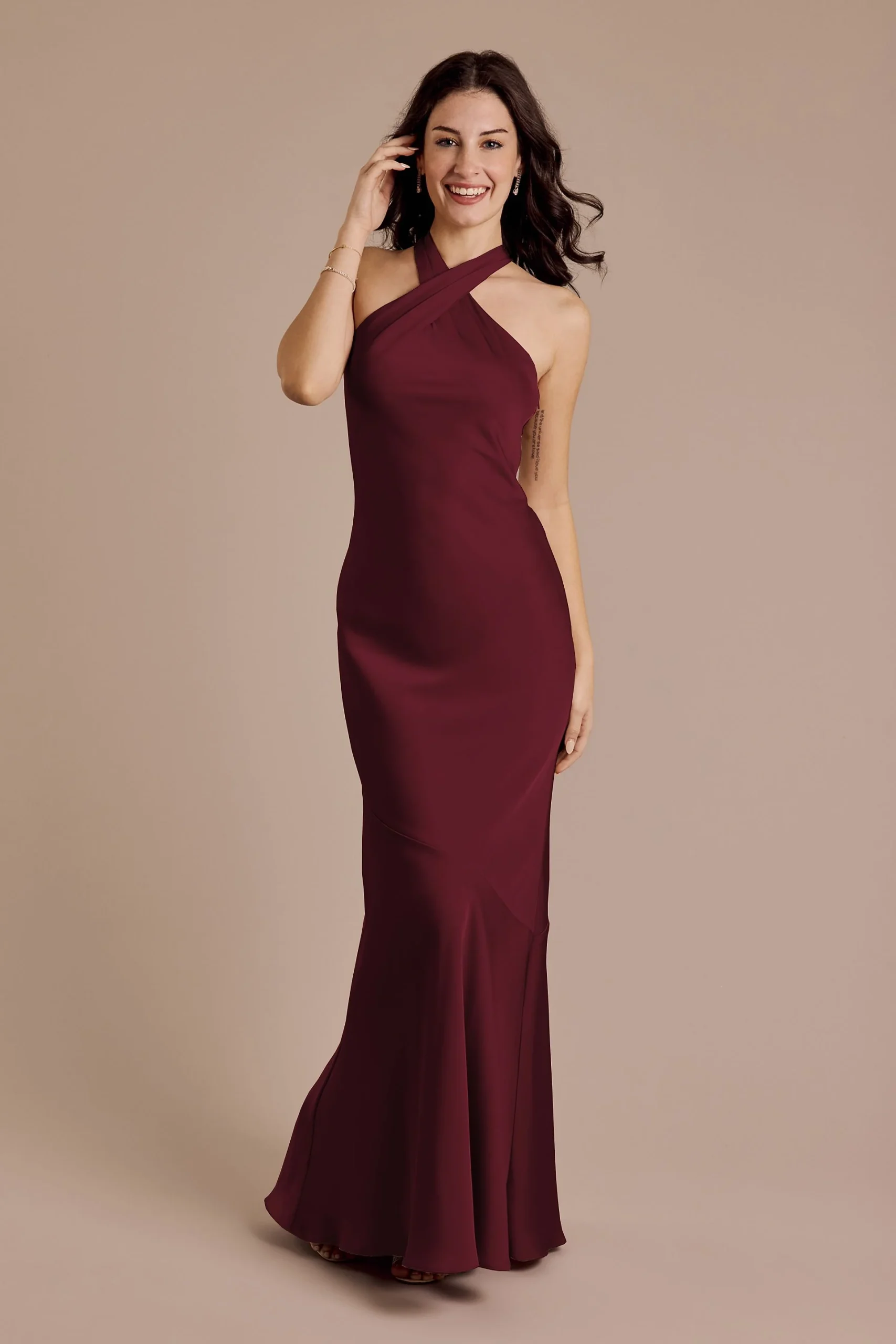 Matte Satin Y-Neck Bias Sheath Dress