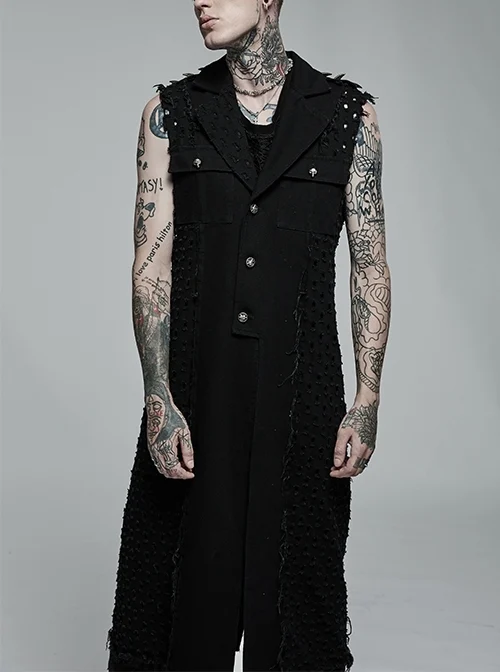 Medium-Long Length No Elasticity Woven Personality Hole Patch Pocket Design Punk Male Sleeveless Vest
