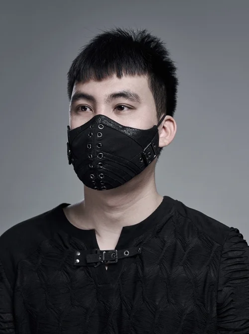 Men Metal Eyelets Decoration Black Punk Cracked Texture Print Mask