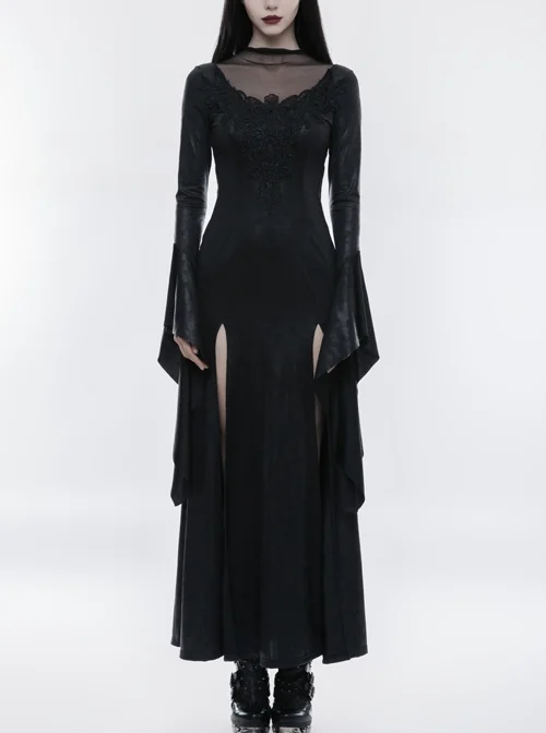 Mesh High Collar Chest Positioning Lace Decals Decoration Horn Sleeves Open Forklift Hem Black Gothic Long Dress