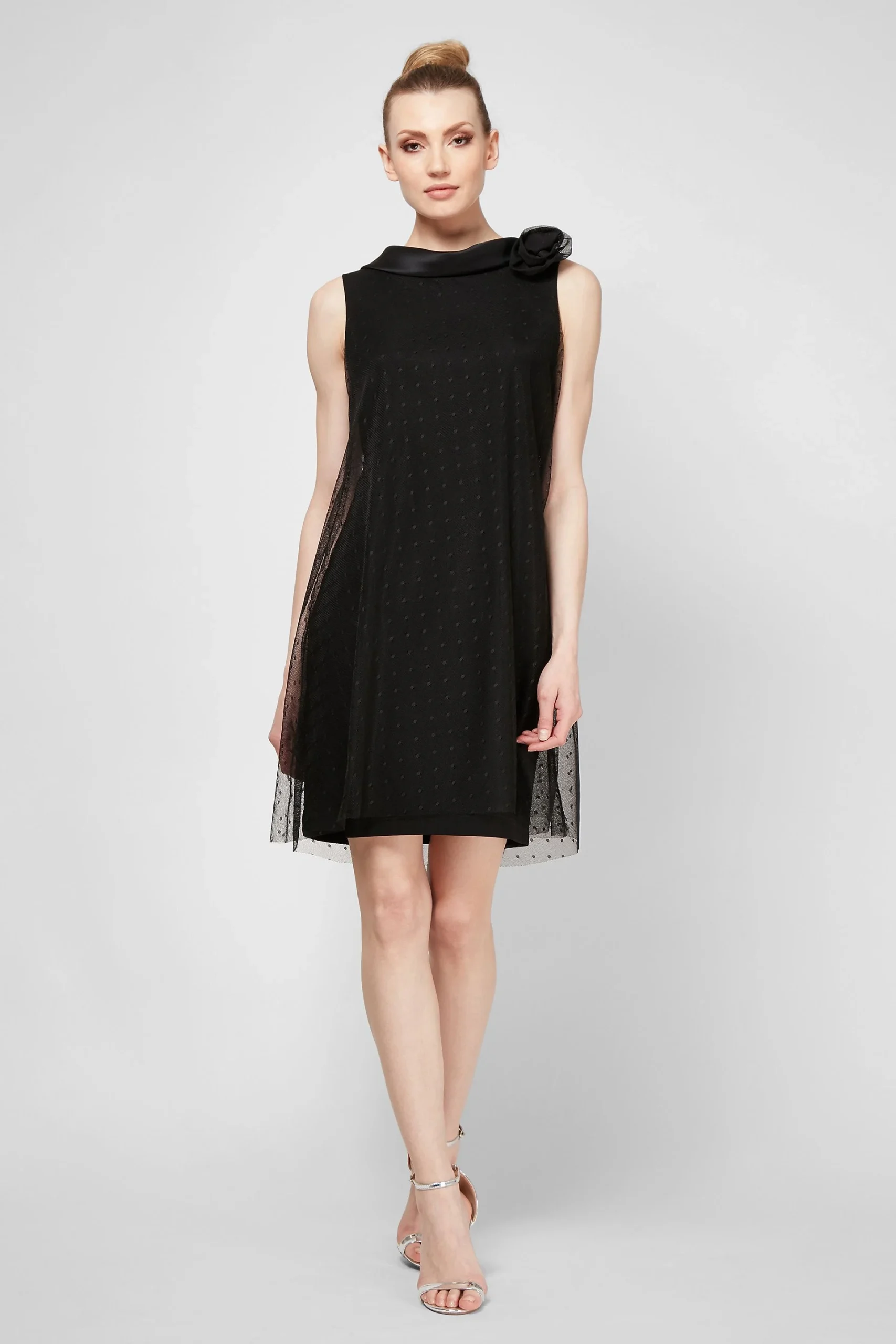Mesh Overlay Short Dress with Satin Back Collar