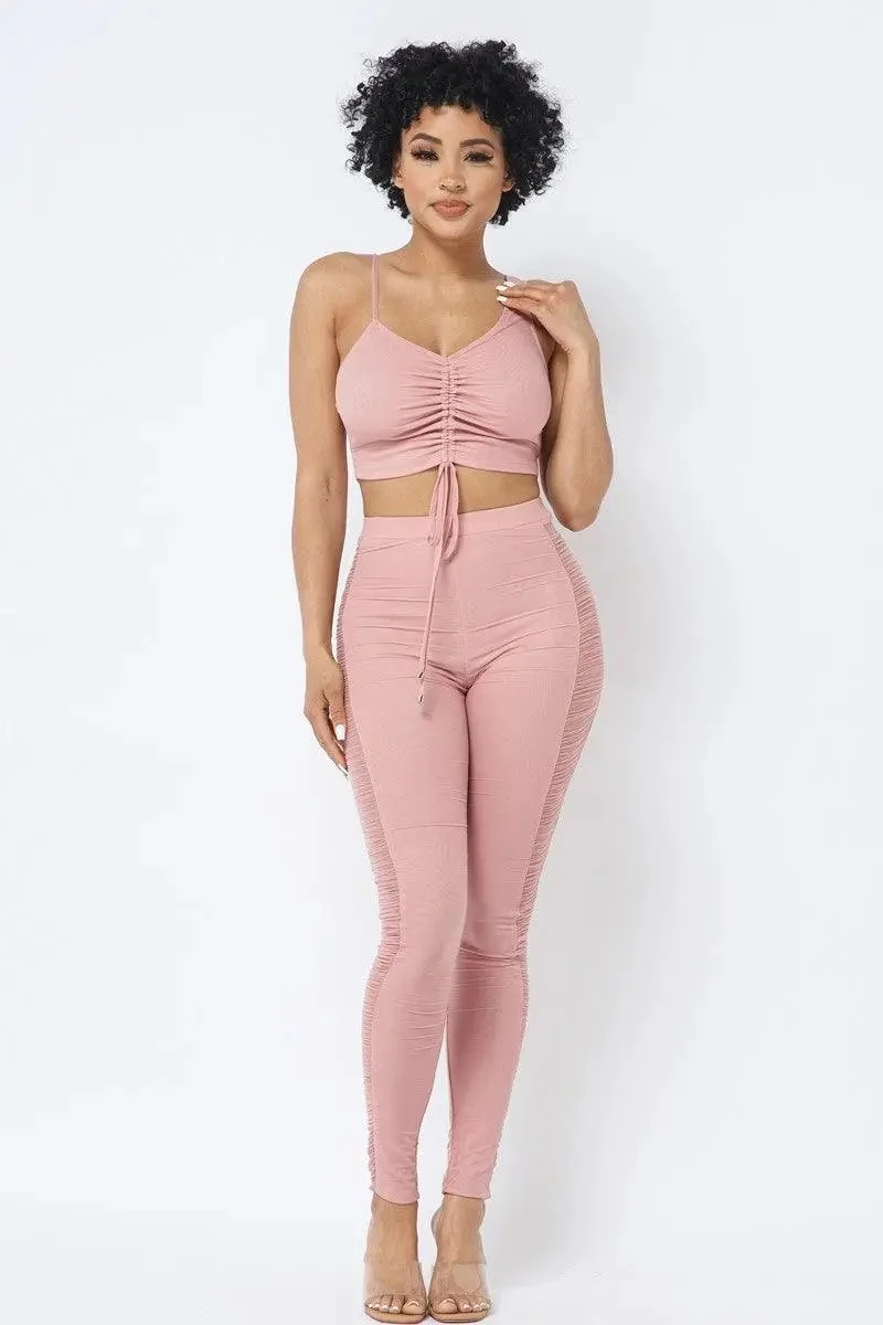 Mesh Strappy Adjustable Ruched Crop Top With Matching See Through Side Panel Leggings